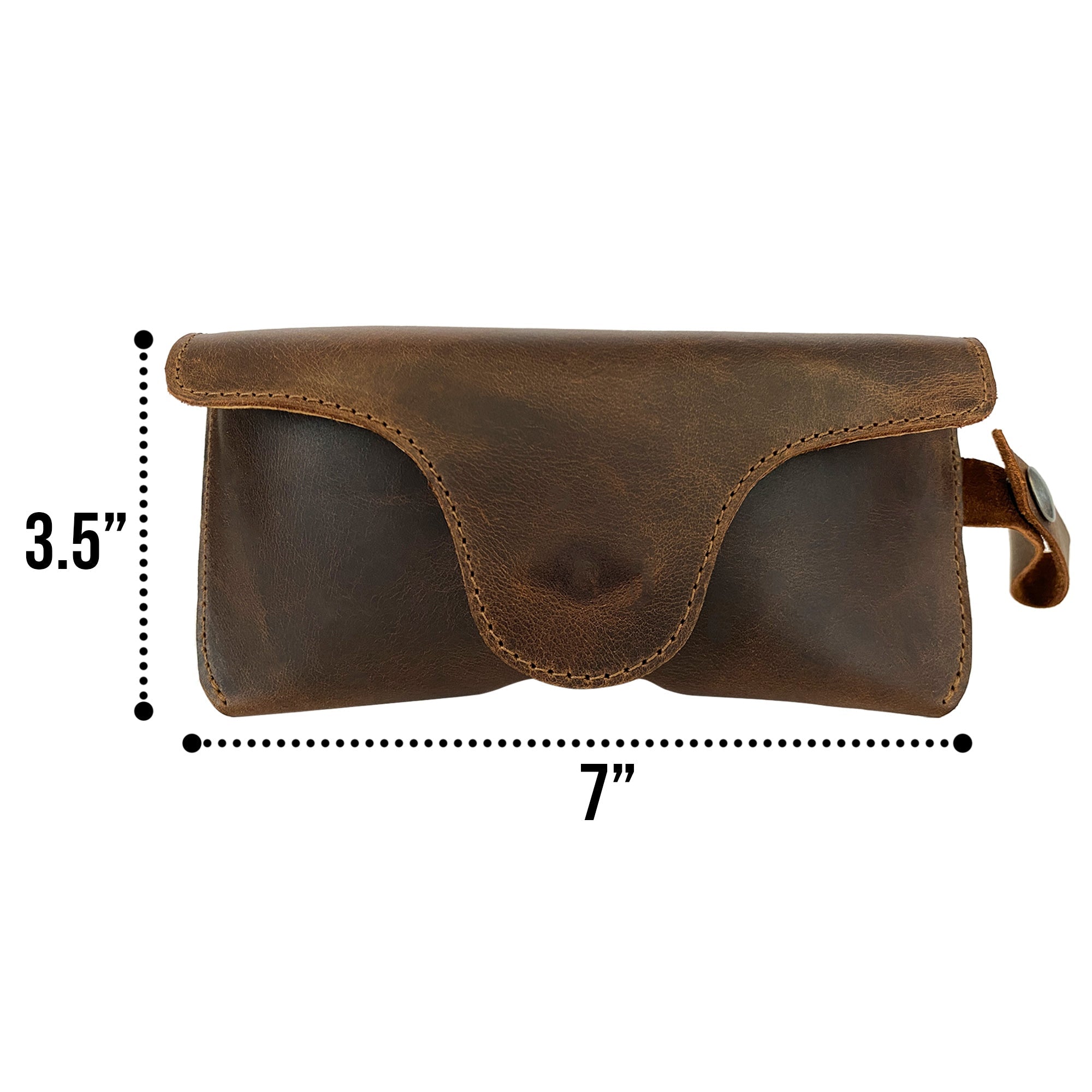 Measuring dimensions of the Eyeglasses Case with Strap by Hide & Drink, featuring a rustic style in full grain leather. This sunglasses case serves as a reliable protector for eyewear, showcasing the brand’s artisan heritage in La Antigua Guatemala & Oaxaca Mexico.