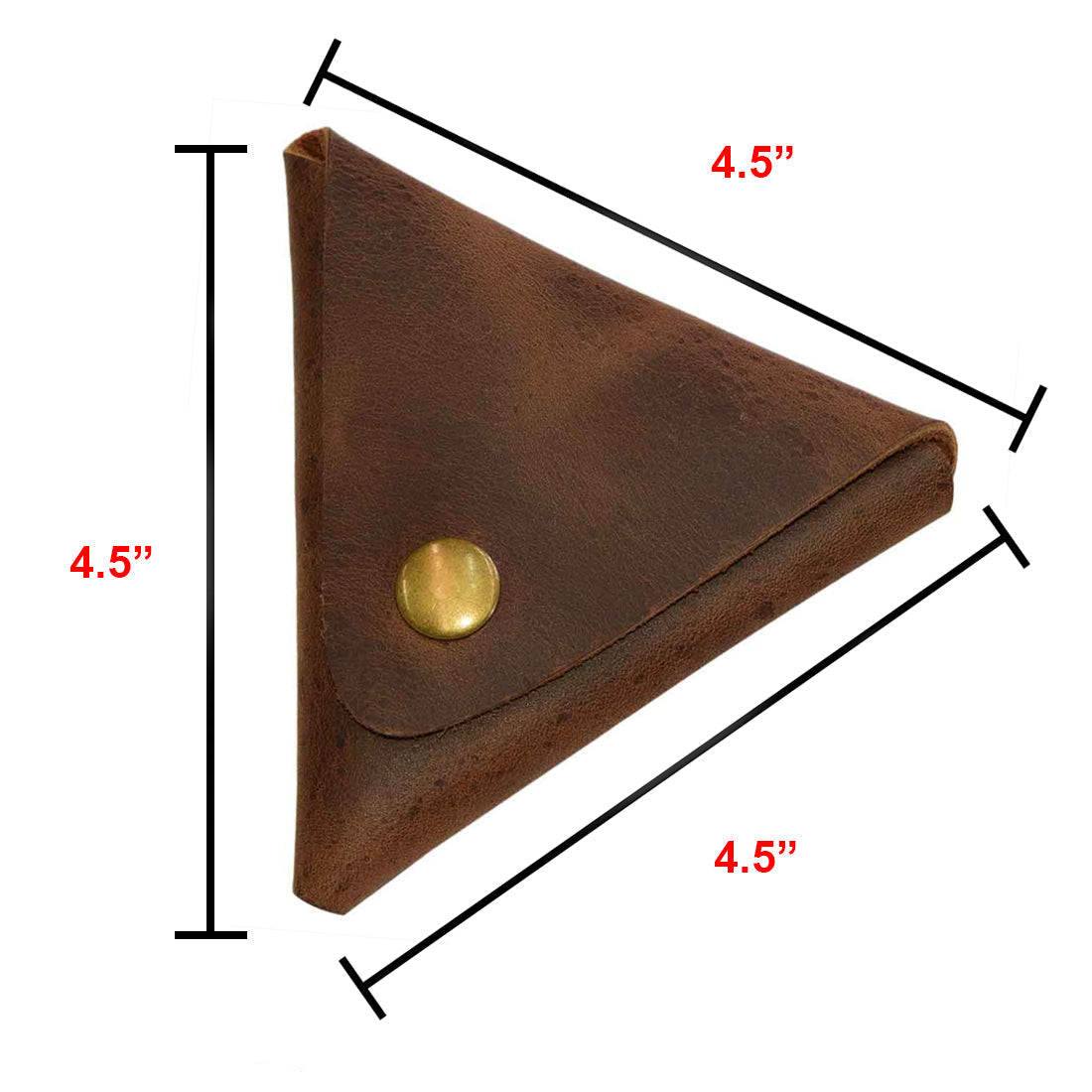 A detailed shot of the Triangle Coin Pouch dimensions showcasing its compact size. The Triangle Coin Pouch from Hide & Drink is made from durable Full Grain Leather, making it perfect for organizing cords and cash. This handmade pouch reflects artisan craftsmanship, featuring hand cut, hand sewn, and fire branded elements, crafted in La Antigua Guatemala & Oaxaca Mexico.