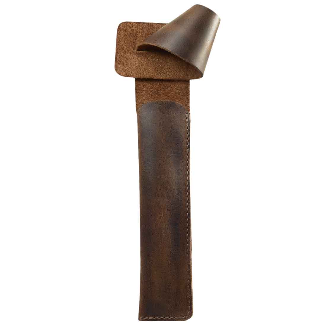 Close-up of Hide & Drink Vape Pen Holder demonstrating the fine craftsmanship of full grain leather. This versatile Pen Holder for Handbags doubles as a Hanging Pen Case for Tote Bag, and is meticulously created through small batch production methods, showcasing artisan skills with hand cut and hand sewn finishes, made in La Antigua Guatemala & Oaxaca Mexico.