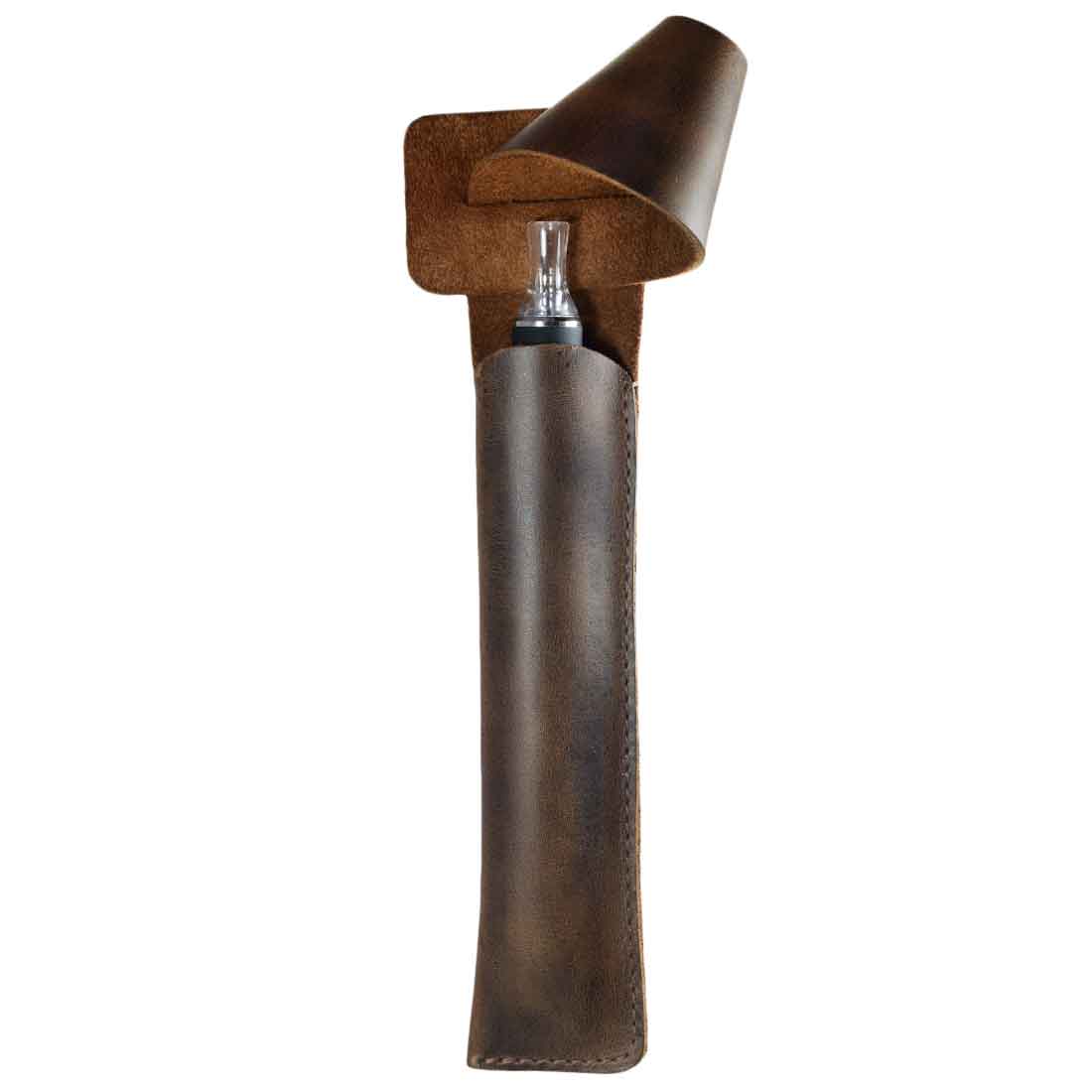 Hide & Drink Vape Pen Holder in rustic full grain leather, designed as a compact Pen Holder for Handbags; features a secure closure, making it perfect as a Hanging Pen Case for Tote Bag. Handcrafted through small batch production, this item reflects quality with its hand cut and hand sewn design by artisans from La Antigua Guatemala & Oaxaca Mexico.