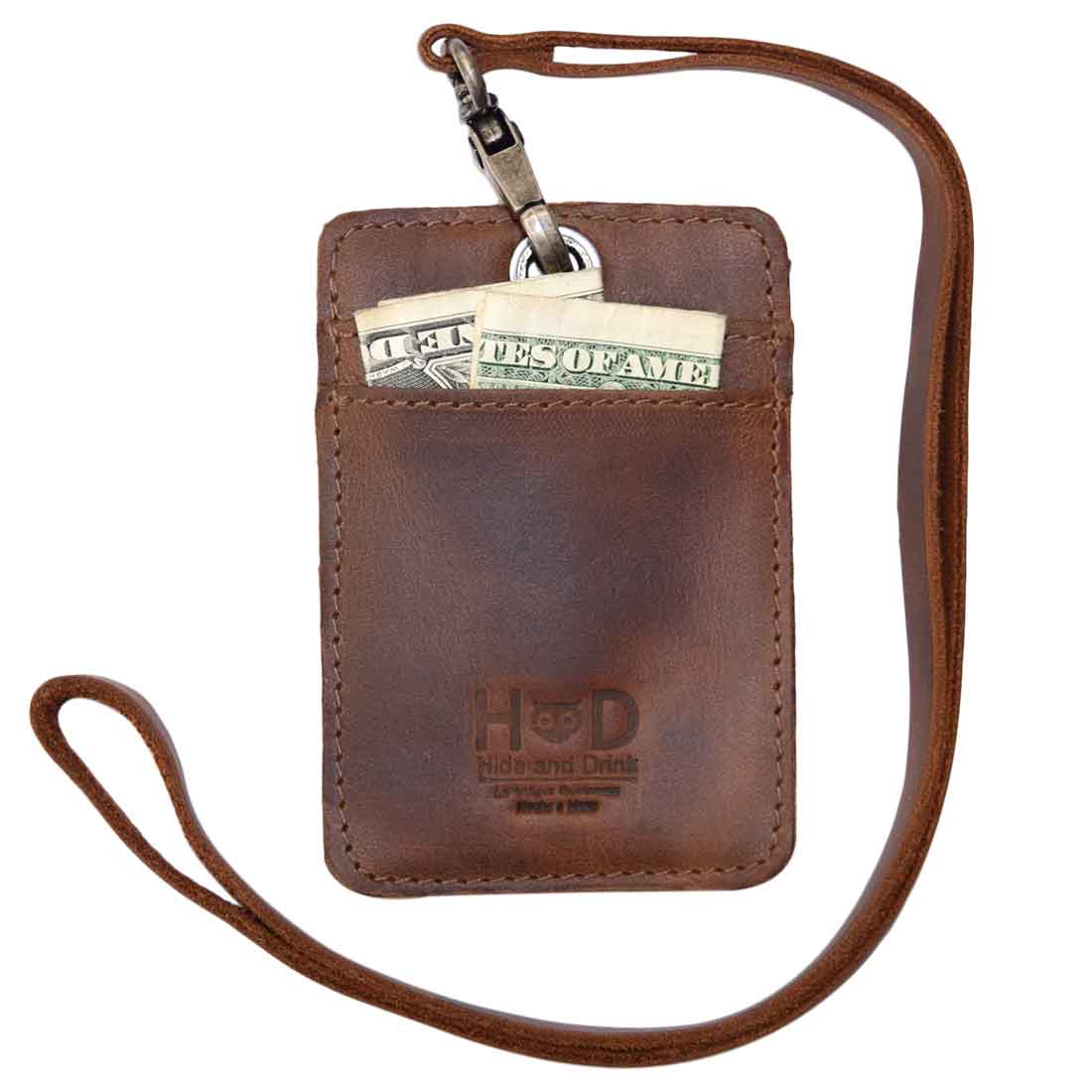 Hide & Drink’s Vertical ID Holder showcasing a secure pocket for bills and a detachable lanyard, perfect for work and business settings. Crafted from full grain leather, this handmade accessory highlights the beauty of small batch production and artisan craftsmanship.