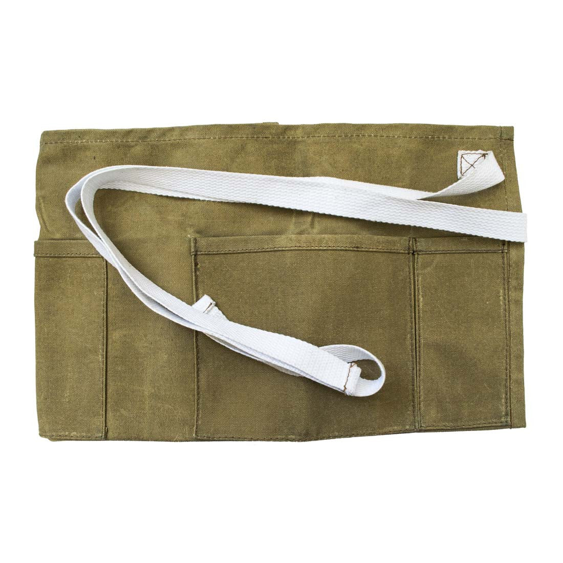 Back view of the Waxed Canvas Waist Apron by Hide & Drink, featuring a practical design with hand-sewn cotton straps. This water resistant utility apron is made through small batch production, hand cut, and fire branded, symbolizing the artisan craftsmanship from La Antigua Guatemala & Oaxaca Mexico.