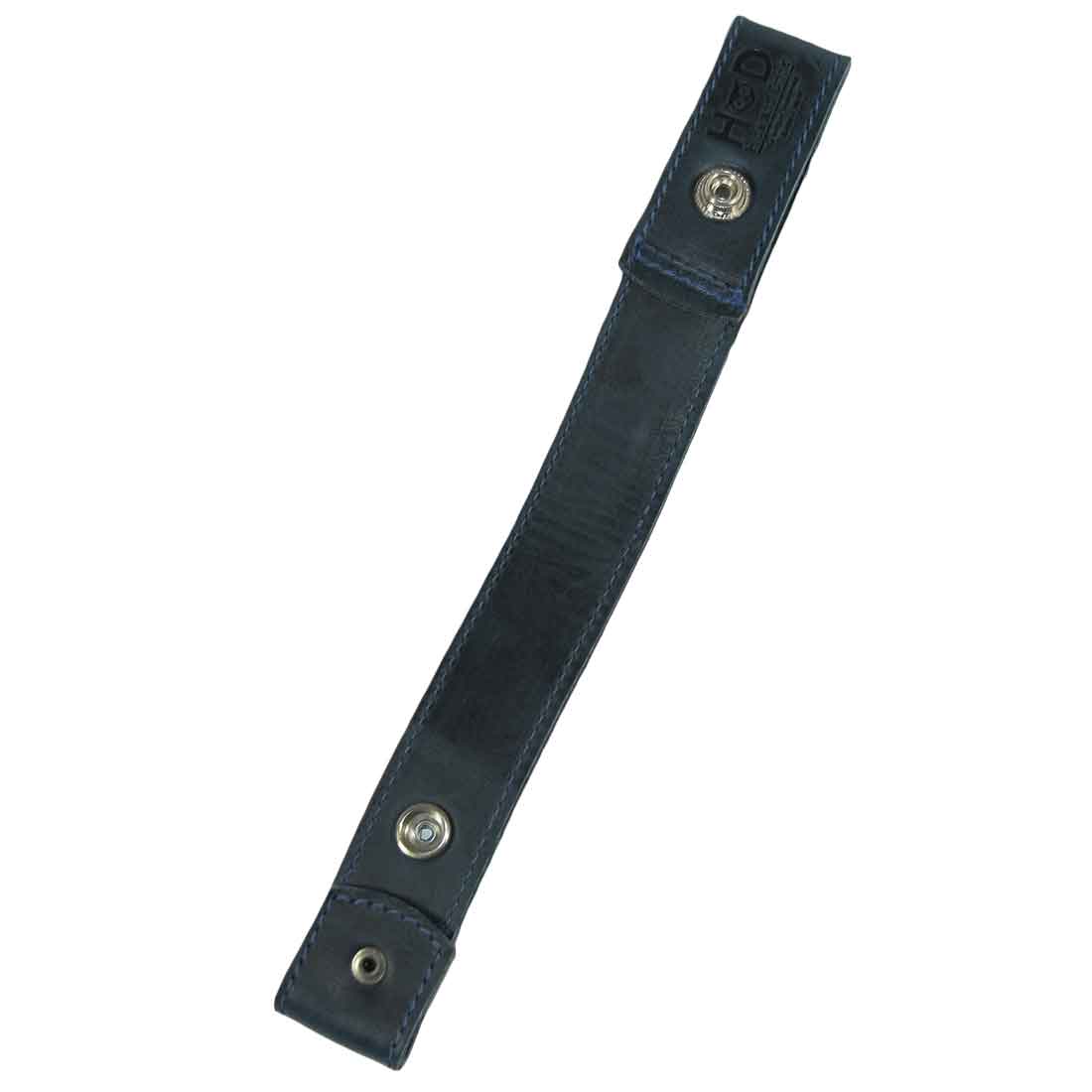 Top view of the navy blue Hide & Drink Whip Holster showcasing its sleek design and high-quality materials. This Full Grain Leather piece is a functional Bullwhip Holder, highlighting the skill and artistry of Handmade production typical of StockyardX from La Antigua Guatemala & Oaxaca Mexico.
