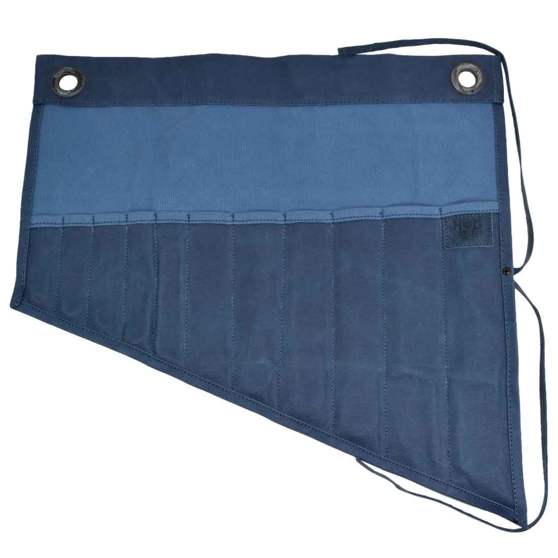 Hide & Drink's Wrench Roll (11 Pockets) displayed open in blue, featuring neat pockets for drying tools. This Wrench Tool Roll is a fantastic hanging storage option for craftsmen. Crafted from high-quality waxed canvas, it serves as a rustic organizer, emphasizing small batch production, hand cut and hand sewn mastery, and fire branded artisan quality made in La Antigua Guatemala & Oaxaca Mexico.