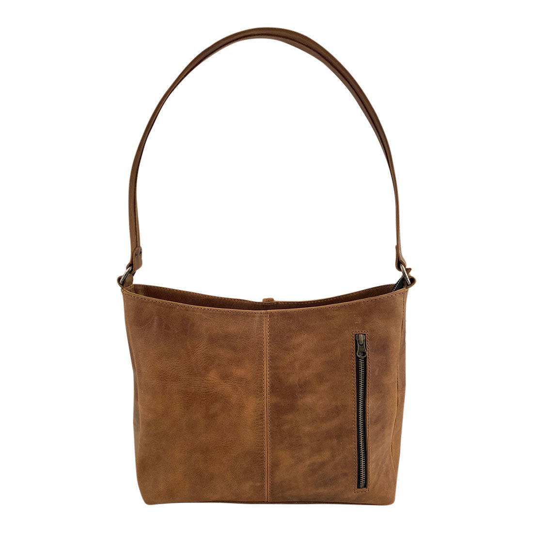 Front view of the Classic Shoulder Bag by Hide & Drink, made of Full Grain Leather & Plaid Cotton, showcasing its clean lines and elegant design. This Classic Shoulder Bag is ideal for shopping and everyday use, featuring small batch production, hand cut, hand sewn craftsmanship, and fire branded for quality, handcrafted in La Antigua Guatemala & Oaxaca Mexico.
