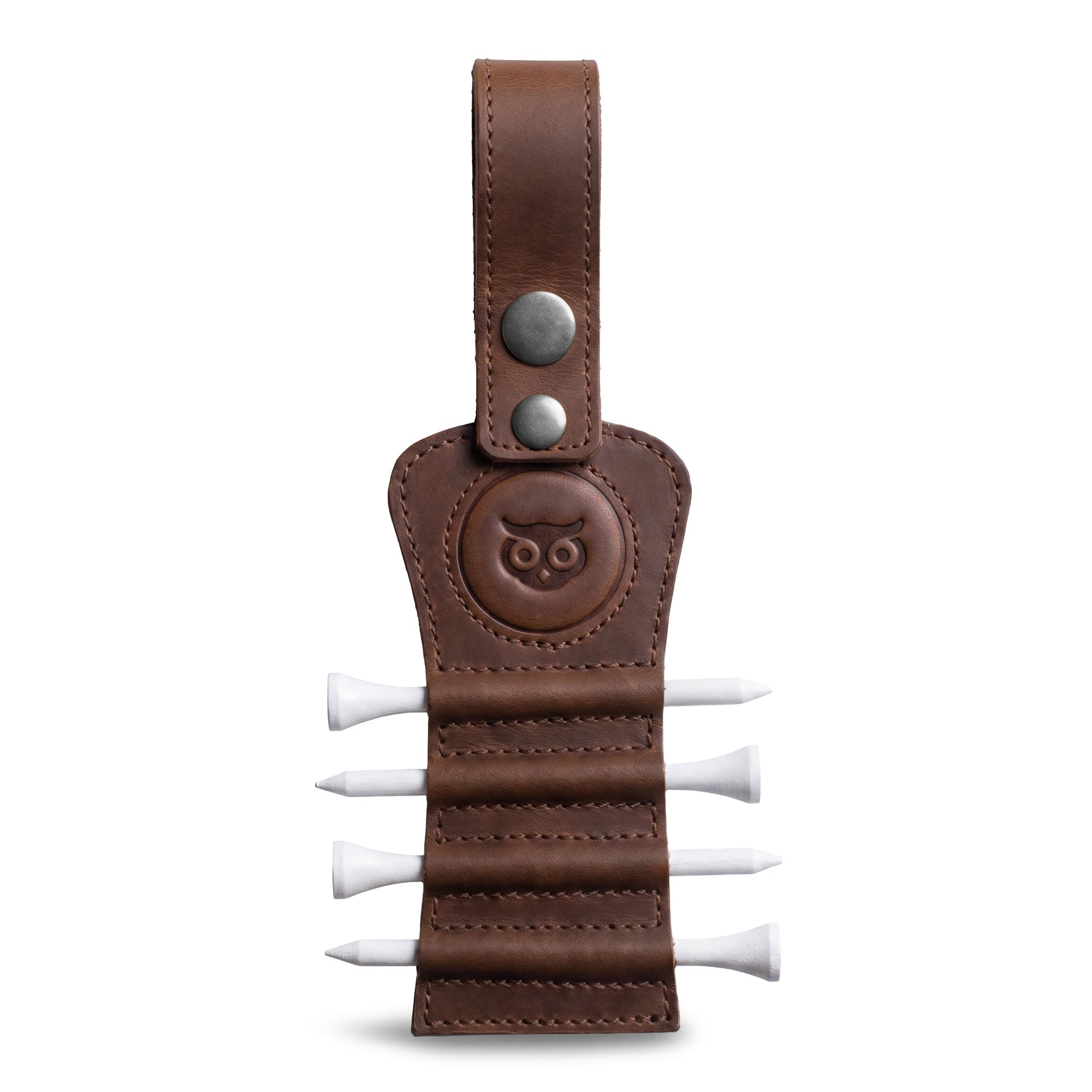 Hide & Drink Golf Tee Holder featuring a stylish full grain leather design with slots for golf tees. Ideal as a golf accessory with a hook for easy attachment to a golf bag or belt clip. Perfect gift for golfers, handcrafted in La Antigua Guatemala with artisan quality and fire-branded detailing.