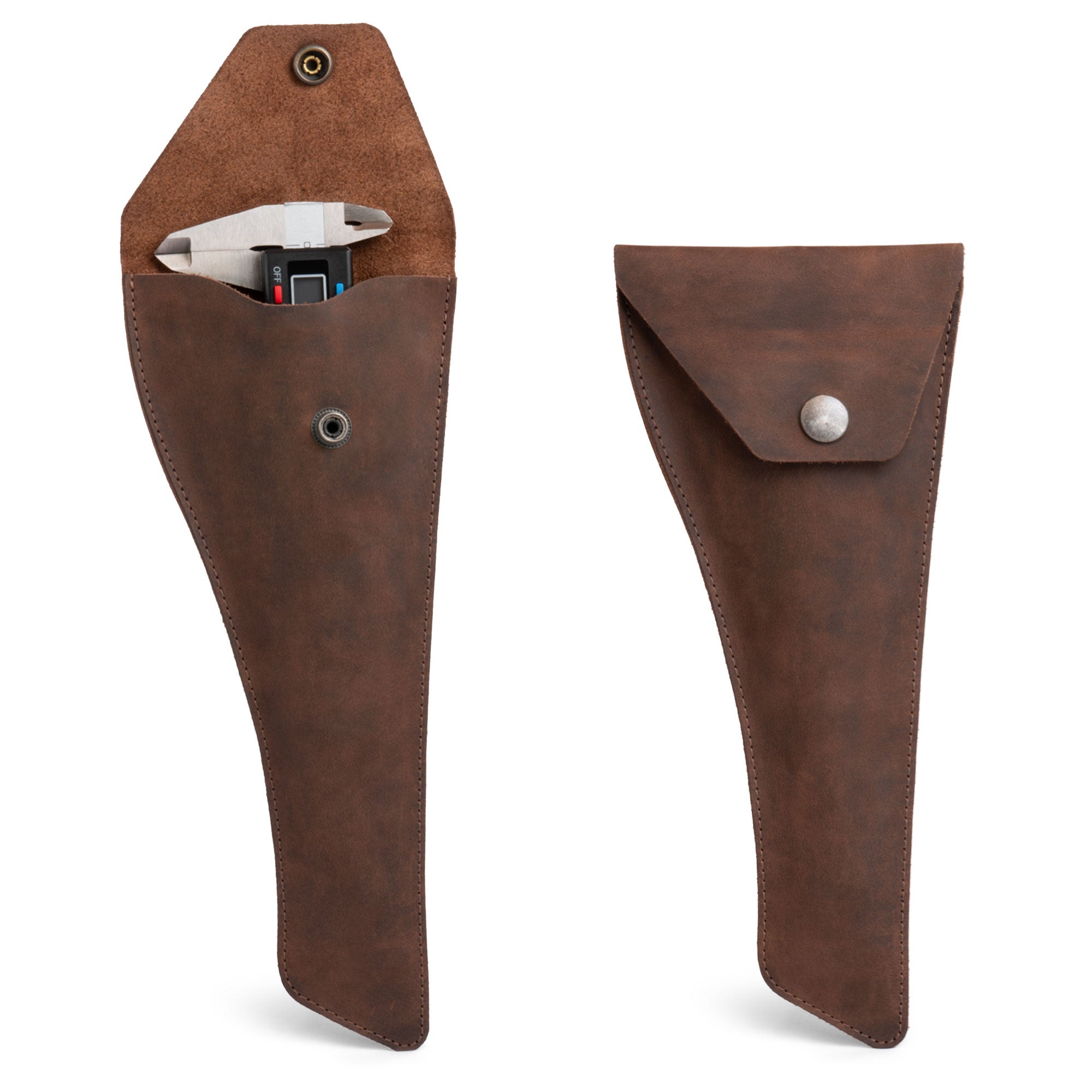 Hide & Drink Vernier Caliper Sleeve in rich brown Full Grain Leather, designed as a durable Measuring Tool Case and Pouch. This artisan-crafted sleeve is perfect for protecting your measuring tools, showcasing small batch production from La Antigua Guatemala.