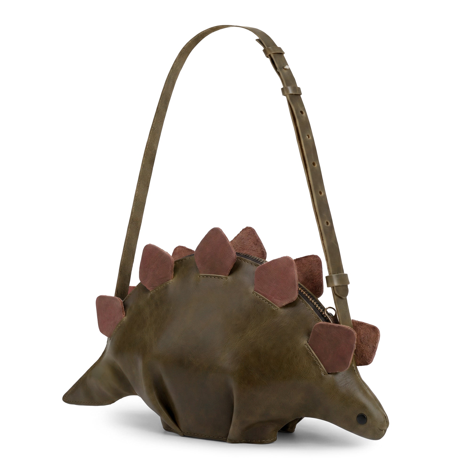 Dinosaur-Shaped (Stegosaurus) Shoulder Bag by Tudi Frudi, crafted from Full Grain Leather, showcasing its unique design as a Crossbody Bag. This stylish and functional Handmade in La Antigua Guatemala & Oaxaca Mexico offers the perfect addition to your collection.