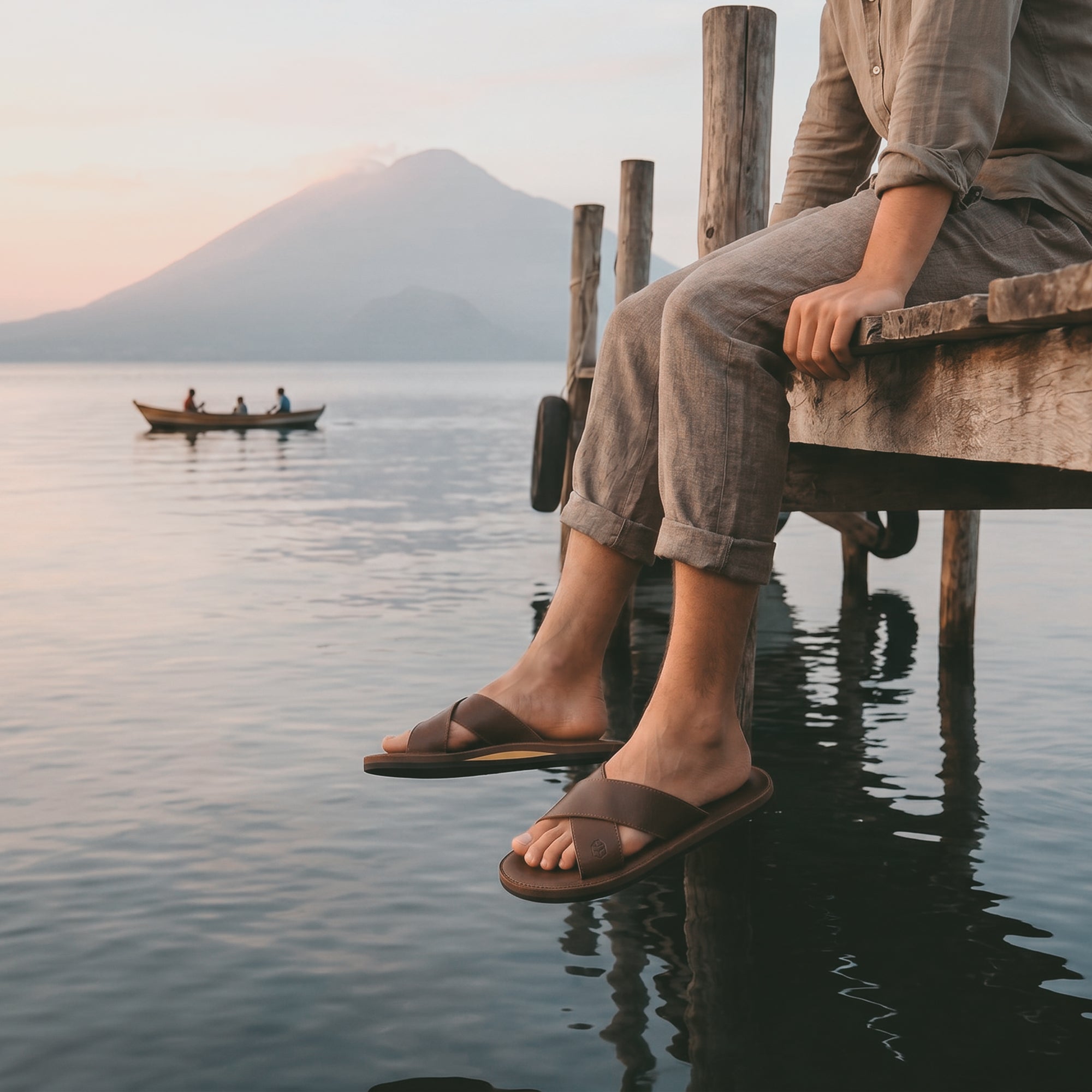 A scenic view of a person wearing The Wanderer Arch Comfort Sandals by the water, with a sunset in the background. These sandals, made by La Leche, emphasize comfort and style in both indoor and outdoor settings. Artisanal production methods ensure high-quality craftsmanship, providing the ultimate lounging experience.