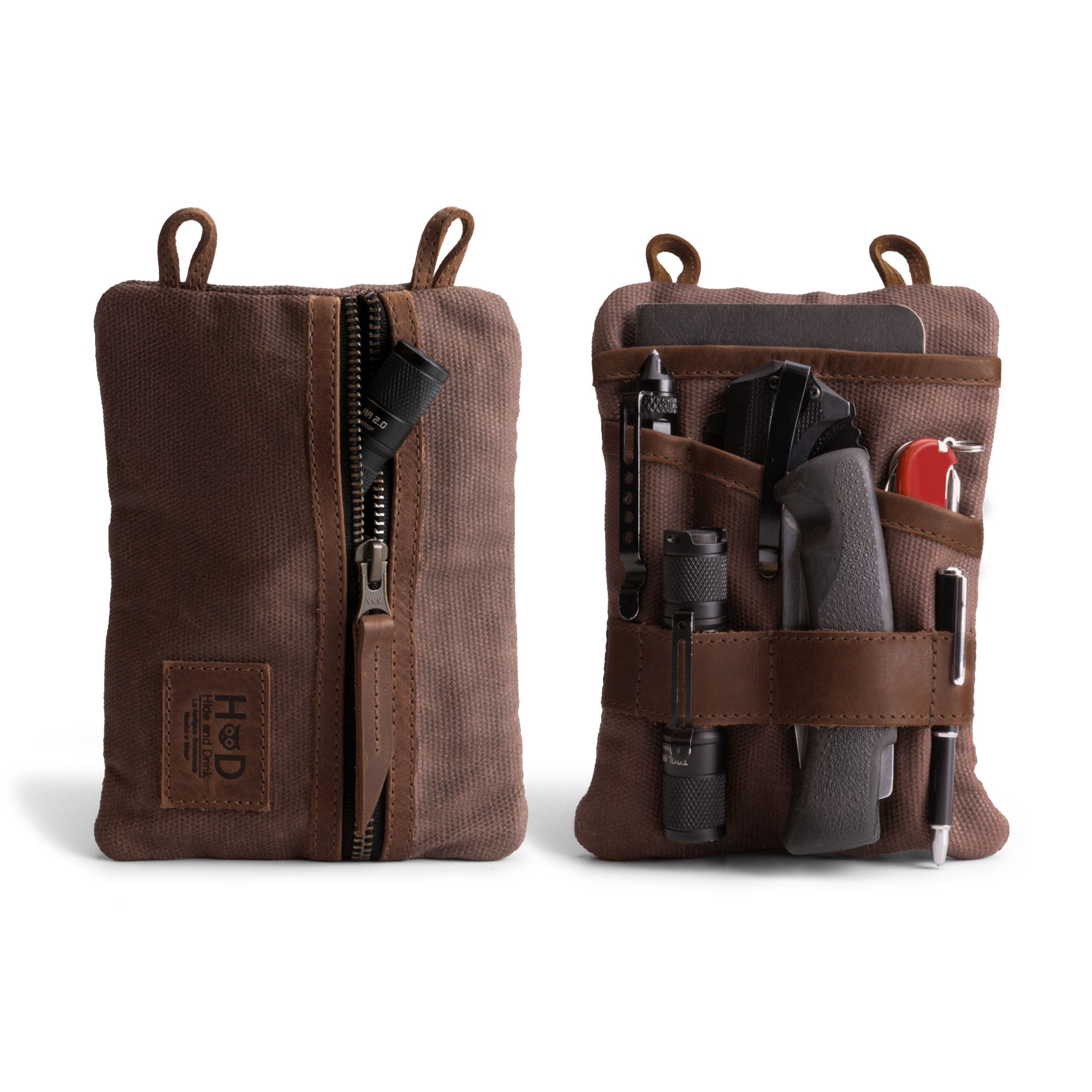 Front view of a brown variant of the Multi-tool Pocket Pouch - XL by Hide & Drink, showcasing its rugged design and functionality for daily carry. Multi-Tool Pocket Pouch XL, Compact Multipurpose EDC Zippered Bag, Mini Camping Tool Case, Knife Holster, Handmade Slim Organizer, Waxed Canvas, StockyardX, Small Batch Production, Artisan, Handmade in La Antigua Guatemala & Oaxaca Mexico.