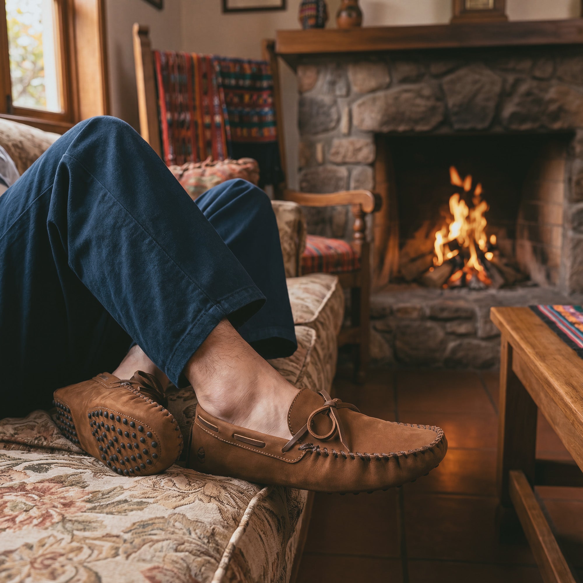 A cozy indoor scene featuring a person wearing The Roadster Leather Driving Moccasins by La Leche, relaxing near a fireplace, showcasing the comfort of Full Grain Leather and the artisan's small batch production made in La Antigua Guatemala & Oaxaca Mexico.