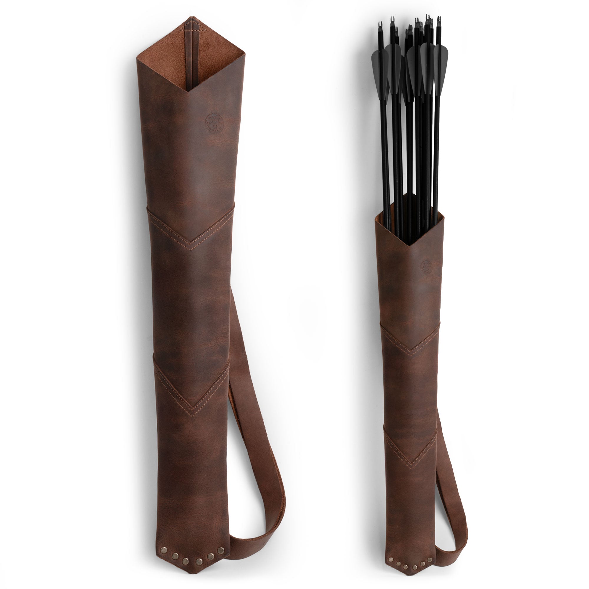 Valhalla Gear's Back Quiver, a handmade full grain leather arrow holder designed for archery enthusiasts. This vintage holder for shooting practice is perfect for training, showcasing artisan craftsmanship with small batch production techniques, hand cut and hand sewn. Fire branded for authenticity, it's a unique accessory for outdoor adventures.