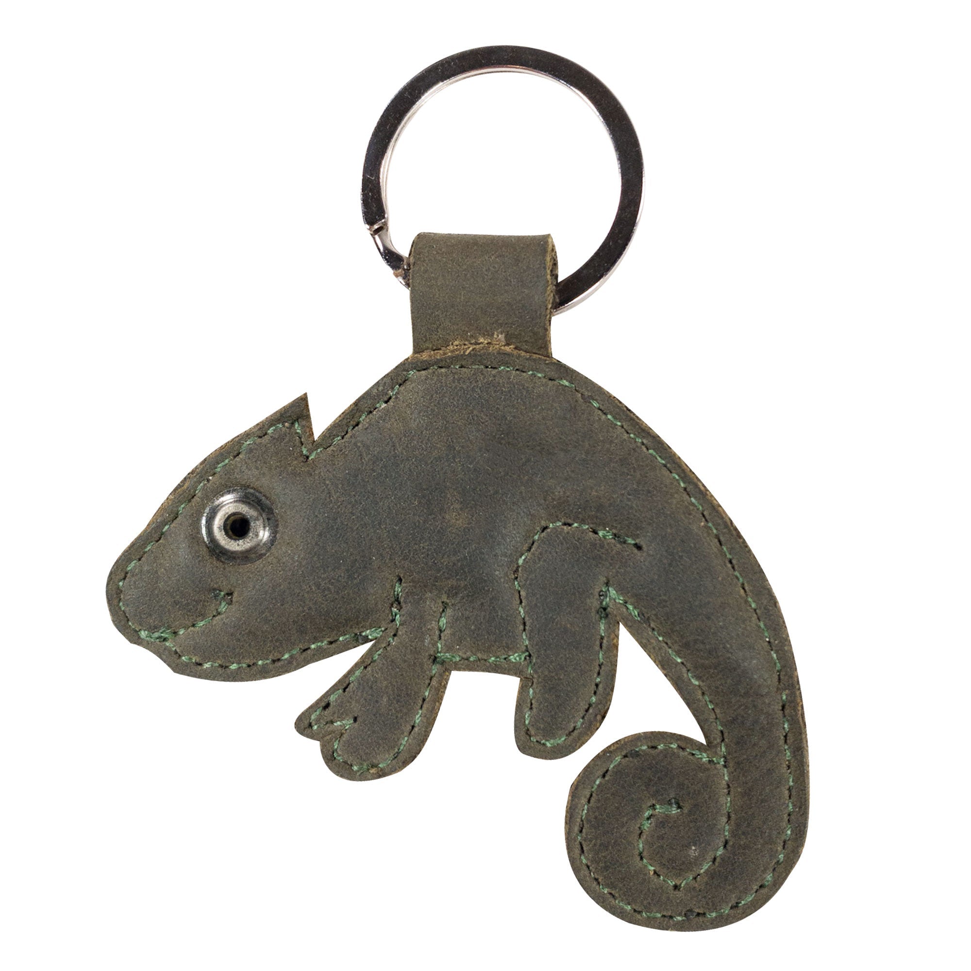 Hide & Drink's Chameleon Keychain made of full grain leather, showcased against a white background. This artisan key holder is designed for animal lovers, featuring a unique chameleon shape. Hand cut, hand sewn, and fire branded, this durable item showcases the craftsmanship of small batch production in La Antigua Guatemala & Oaxaca Mexico.