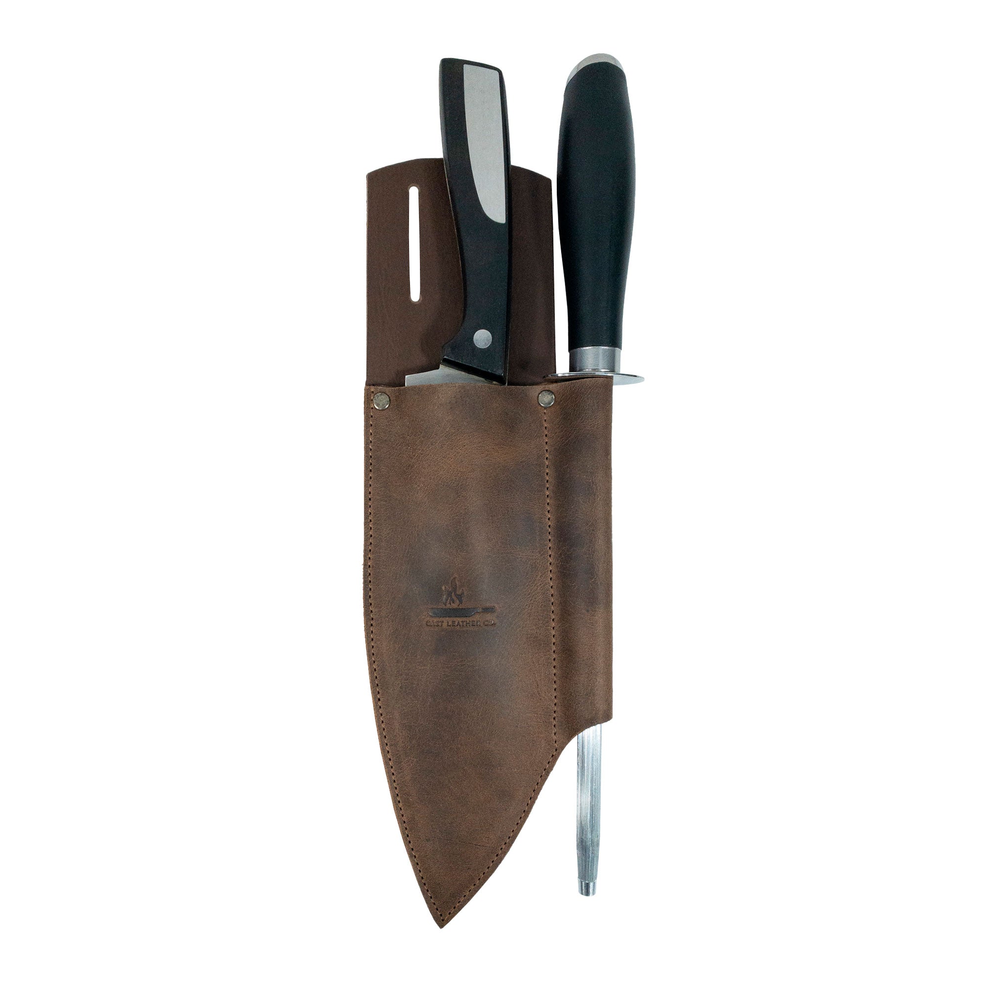 Knife Sheath with Sharpener Slot by Cast Leather Co., featuring a rustic sleeve design for a chef knife with a built-in sharpener slot. This knife holster for belt is made from durable full grain leather, showcasing small batch production and artisan craftsmanship, handmade in La Antigua Guatemala.