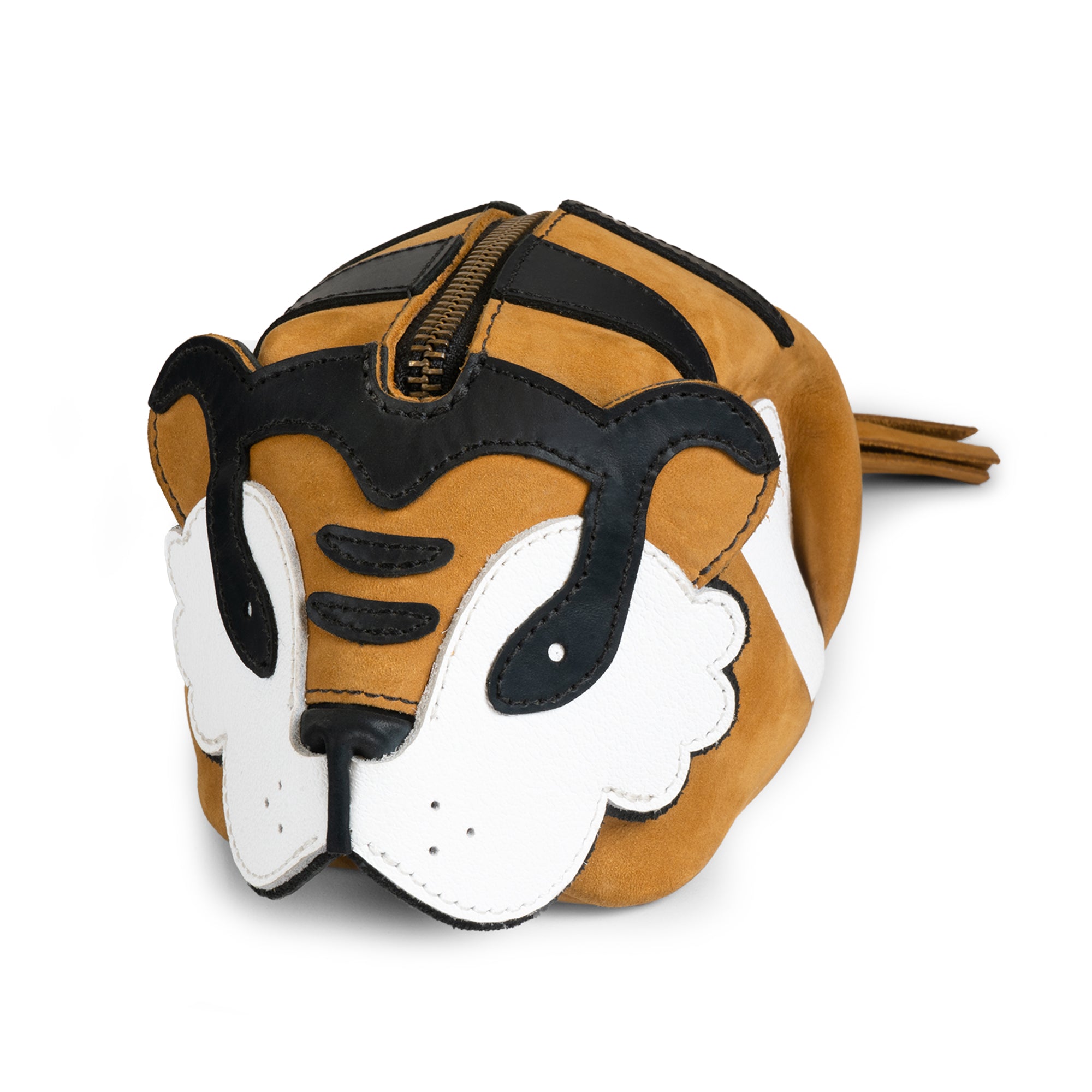 Tiger Leather Pouch from Tudi Frudi, a stylish Tiger-Shaped Pouch made from Full Grain Leather, perfect as a Leather Coin Purse, Small Charger Cable Holder, or Change Bag, showcasing artisan craftsmanship with small batch production, hand cut and hand sewn in La Antigua Guatemala & Oaxaca Mexico.