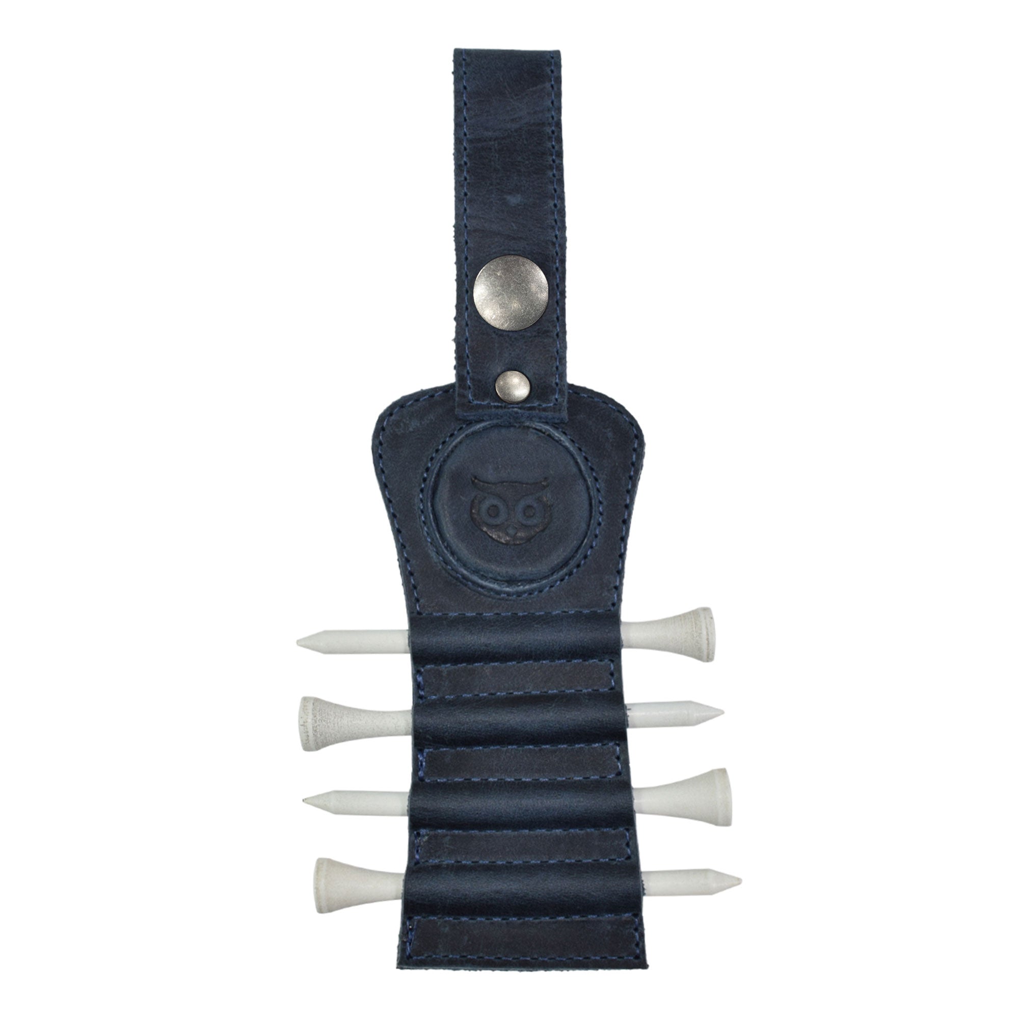 Hide & Drink Golf Tee Holder in navy leather, designed to hold golf tees securely. This stylish accessory includes a belt clip for easy access during play, making it a great gift for golfers, handcrafted in La Antigua Guatemala.