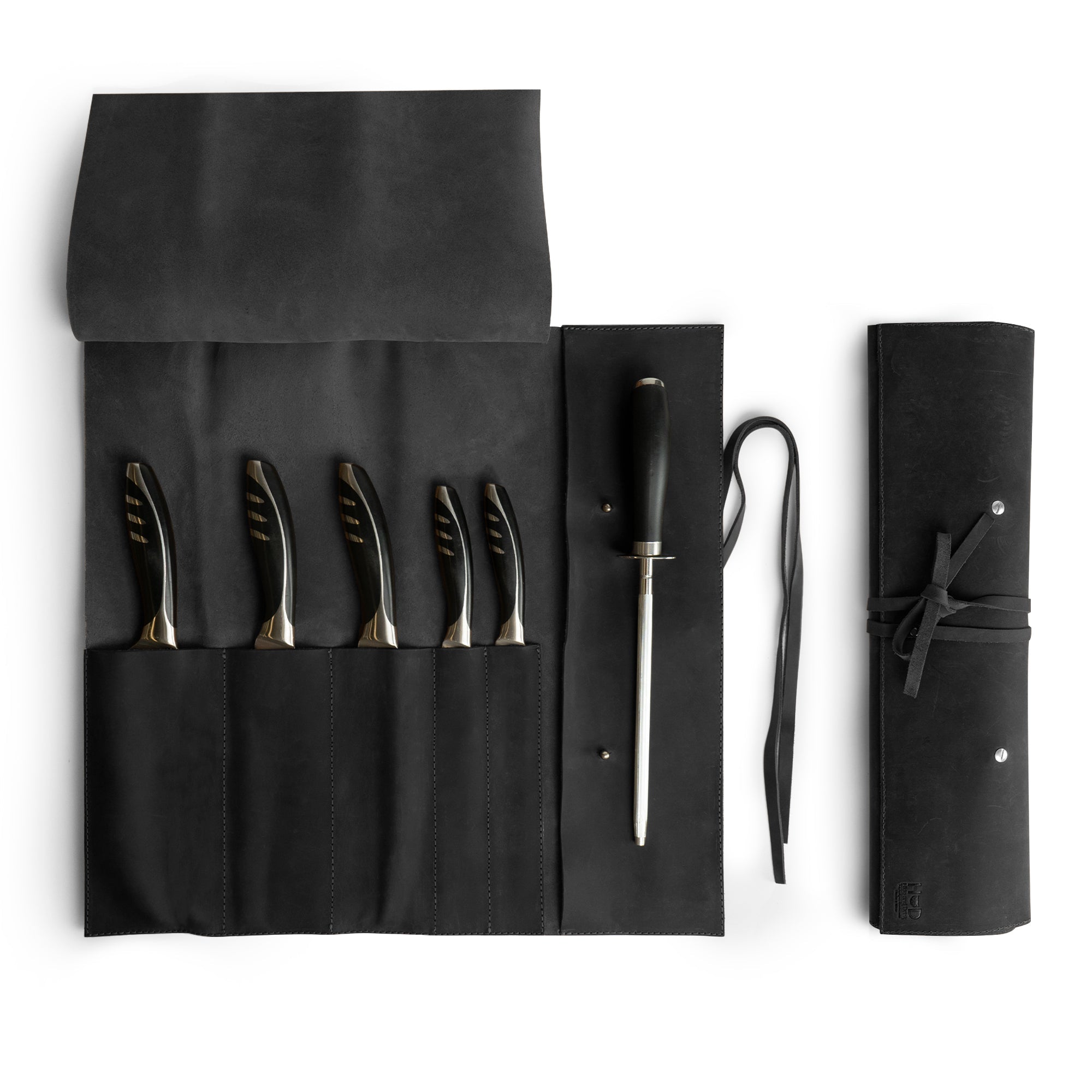 Hide & Drink Knife Roll (5 Pockets) presented with a professional look, made from high-grade Full Grain Leather. This Chef Knife Bag functions as a portable carrying case for knives, reflecting artisan craftsmanship, handmade quality, and small batch production methods.