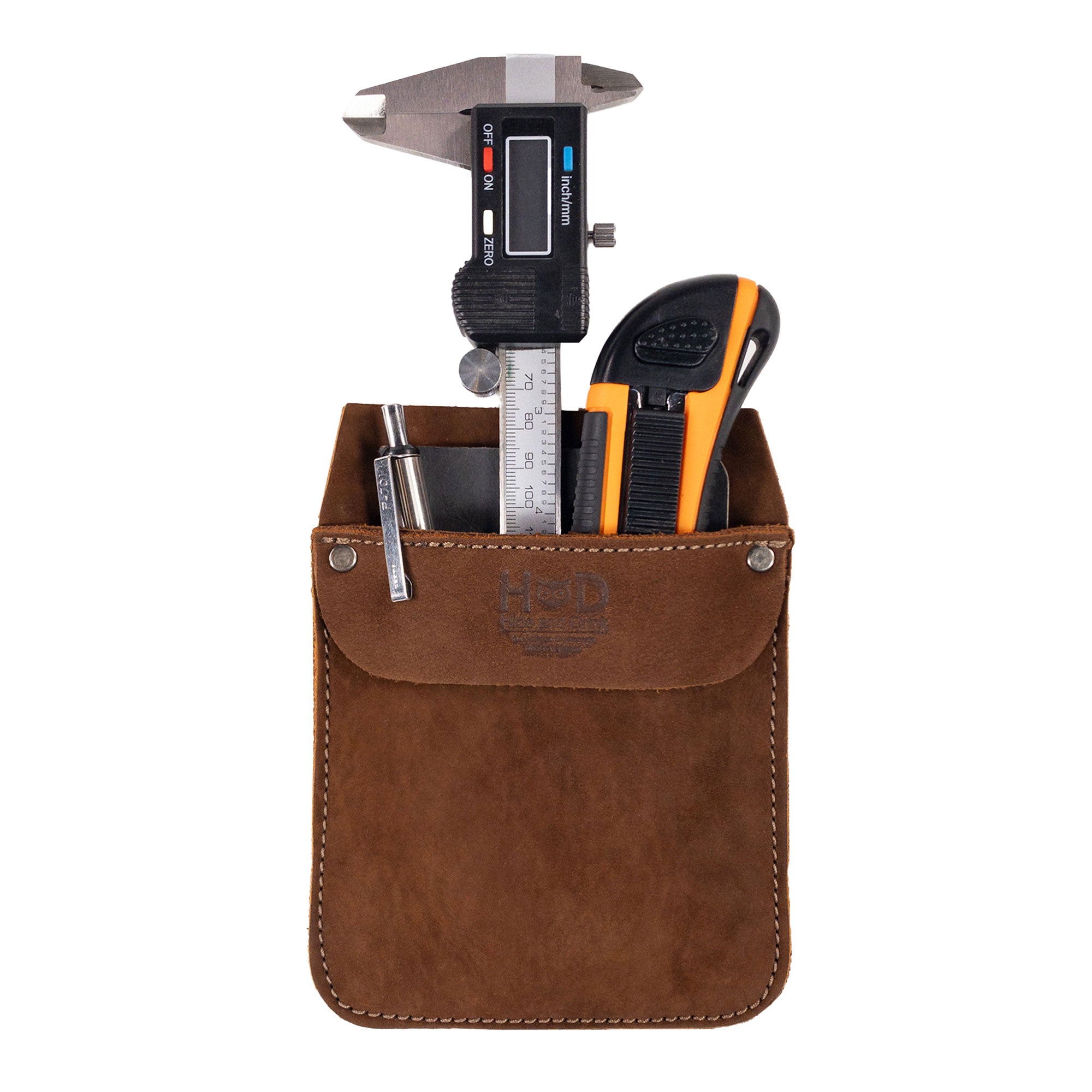 Hide & Drink Leather Work Pocket filled with tools, exemplifying its utility as a Work Pocket Organizer for Tools. Crafted from sturdy Full Grain Leather, this small batch production item is ideal for quick grab access.