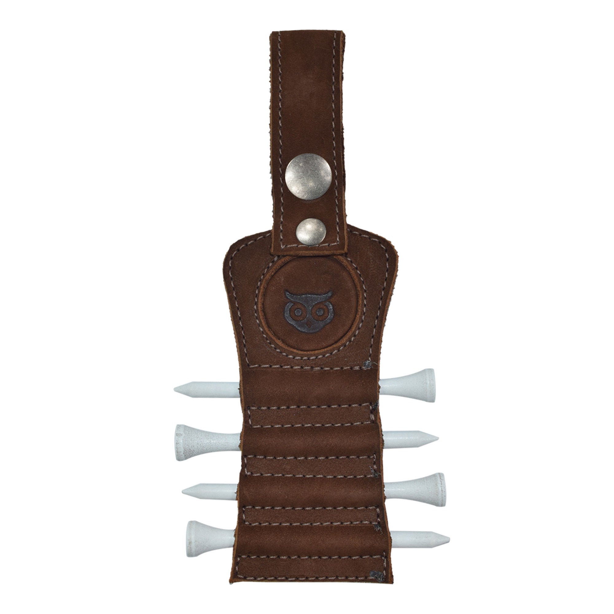 Hide & Drink Golf Tee Holder in bourbon brown leather, featuring slots for golf tees. This accessory combines style with function, designed for easy attachment to golf bags or belts. A perfect artisan gift for golfers, handcrafted in La Antigua Guatemala.