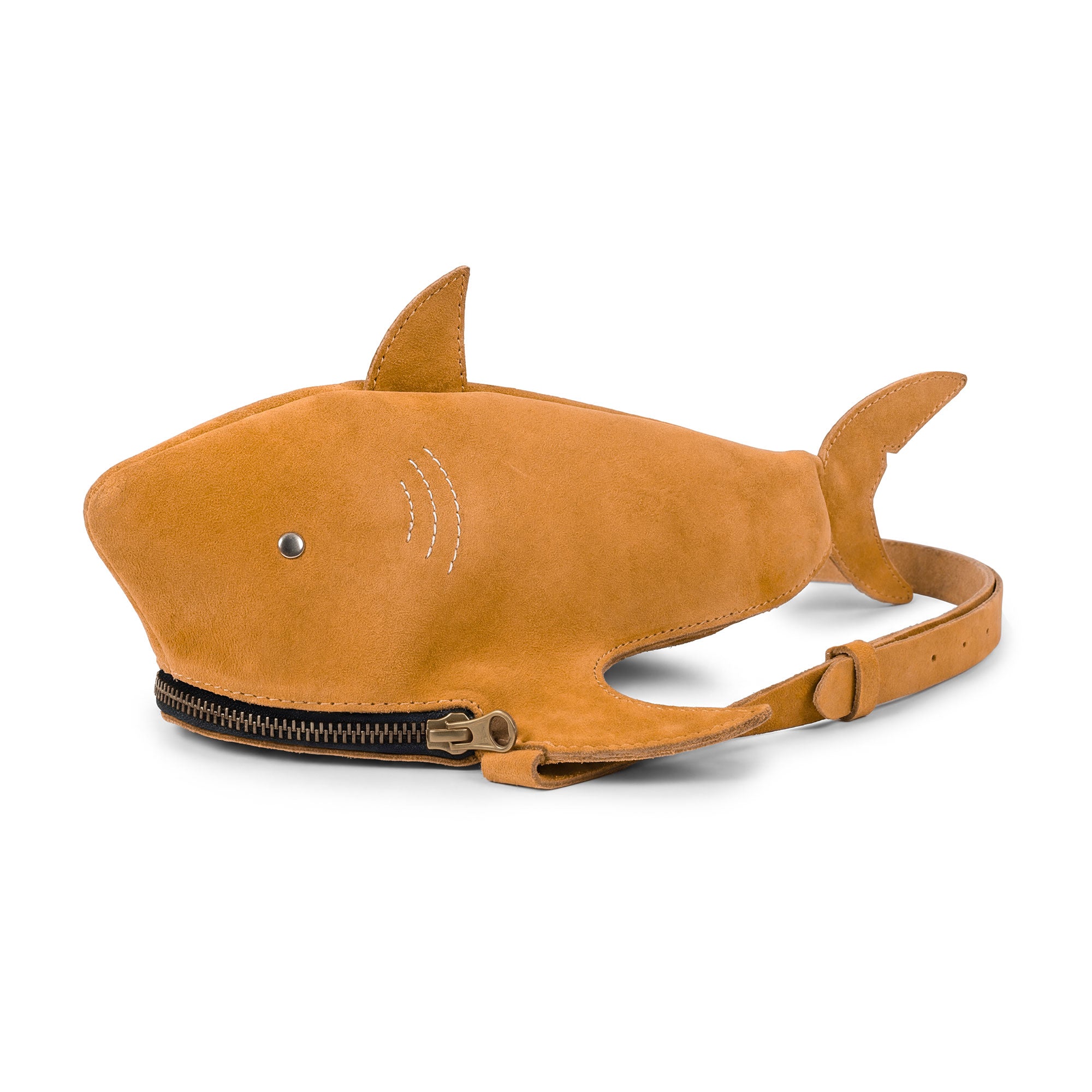 Stylish Shark-Shaped Shoulder Bag by Tudi Frudi, crafted from premium Full Grain Leather, featuring an adjustable strap for a versatile look. This unique bag embodies artisan craftsmanship with its hand cut and hand sewn details, representing small batch production. Ideal as a crossbody bag or messenger bag, it's designed to make a bold statement while being practical.