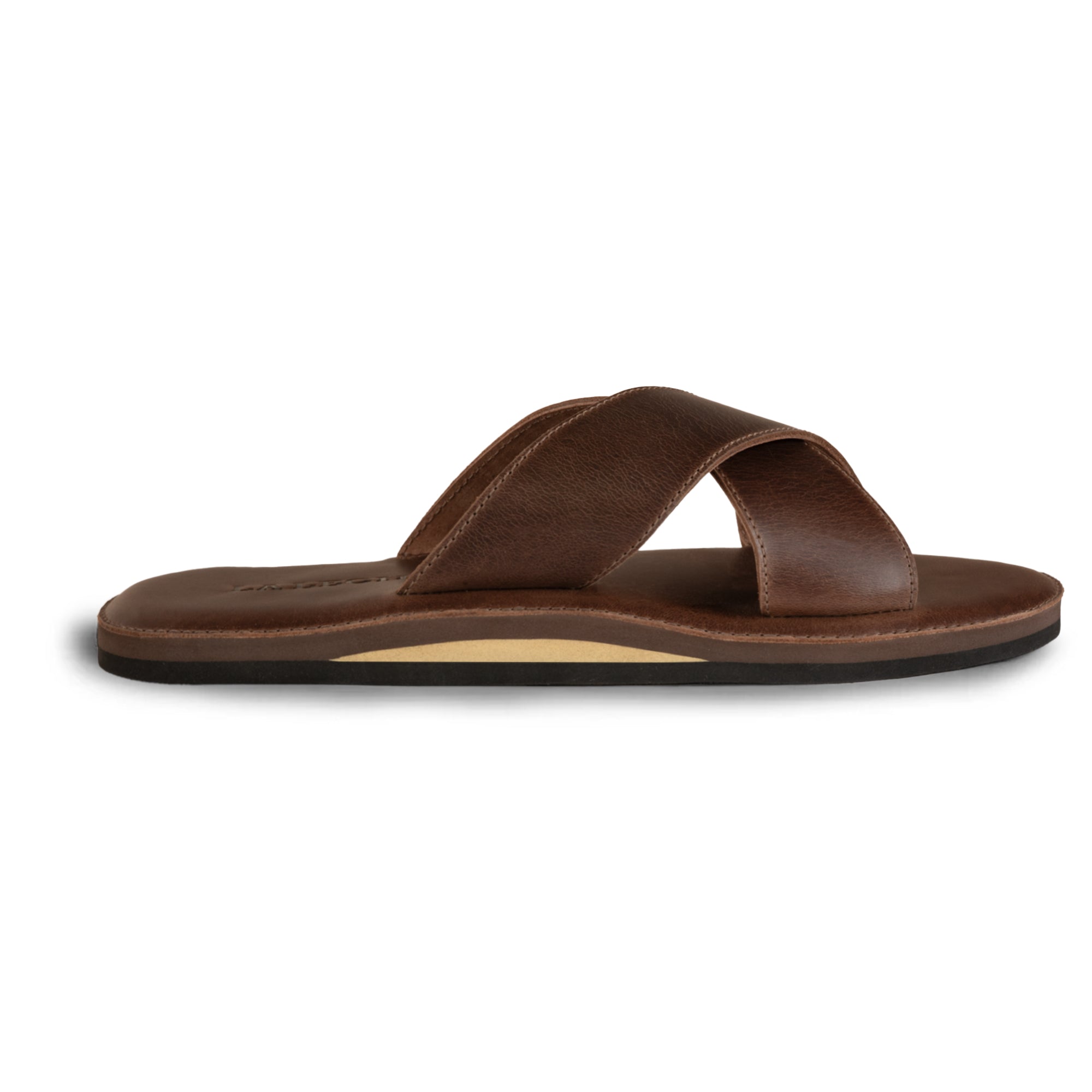 A side view of The Wanderer Arch Comfort Sandals showcasing the stylish design. Made by La Leche, these sandals feature soft cushioning for arch support, perfect for both indoor lounging and outdoor adventures. Crafted from durable Full Grain Leather and Memory Foam, these Slide Sandals represent small batch production with artisan techniques like hand cutting and sewing in La Antigua Guatemala and Oaxaca Mexico.