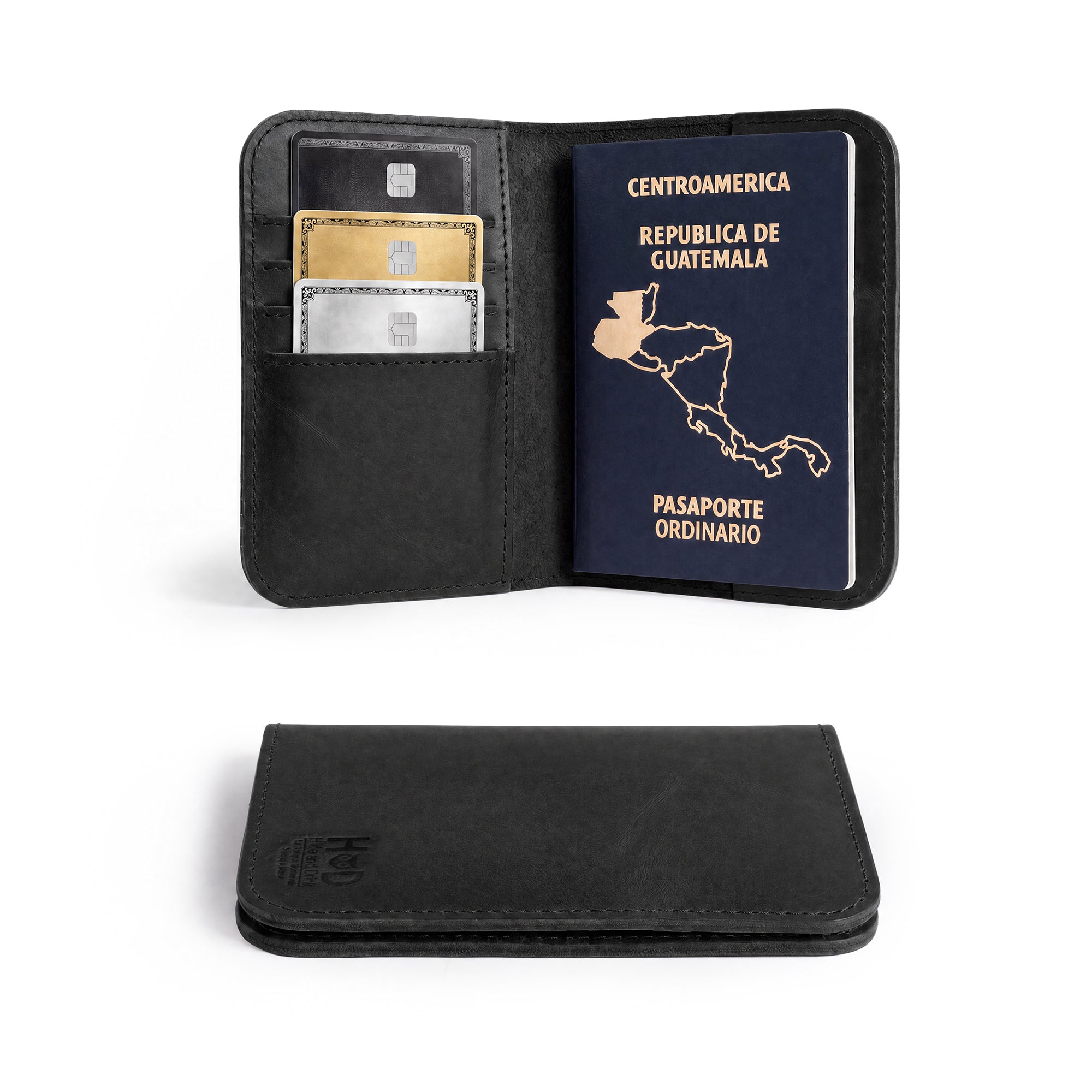 Full image of the Hide & Drink Travel Wallet showcasing its craftsmanship. This travel wallet is an elegant bifold passport case handmade from premium leather in La Antigua Guatemala.