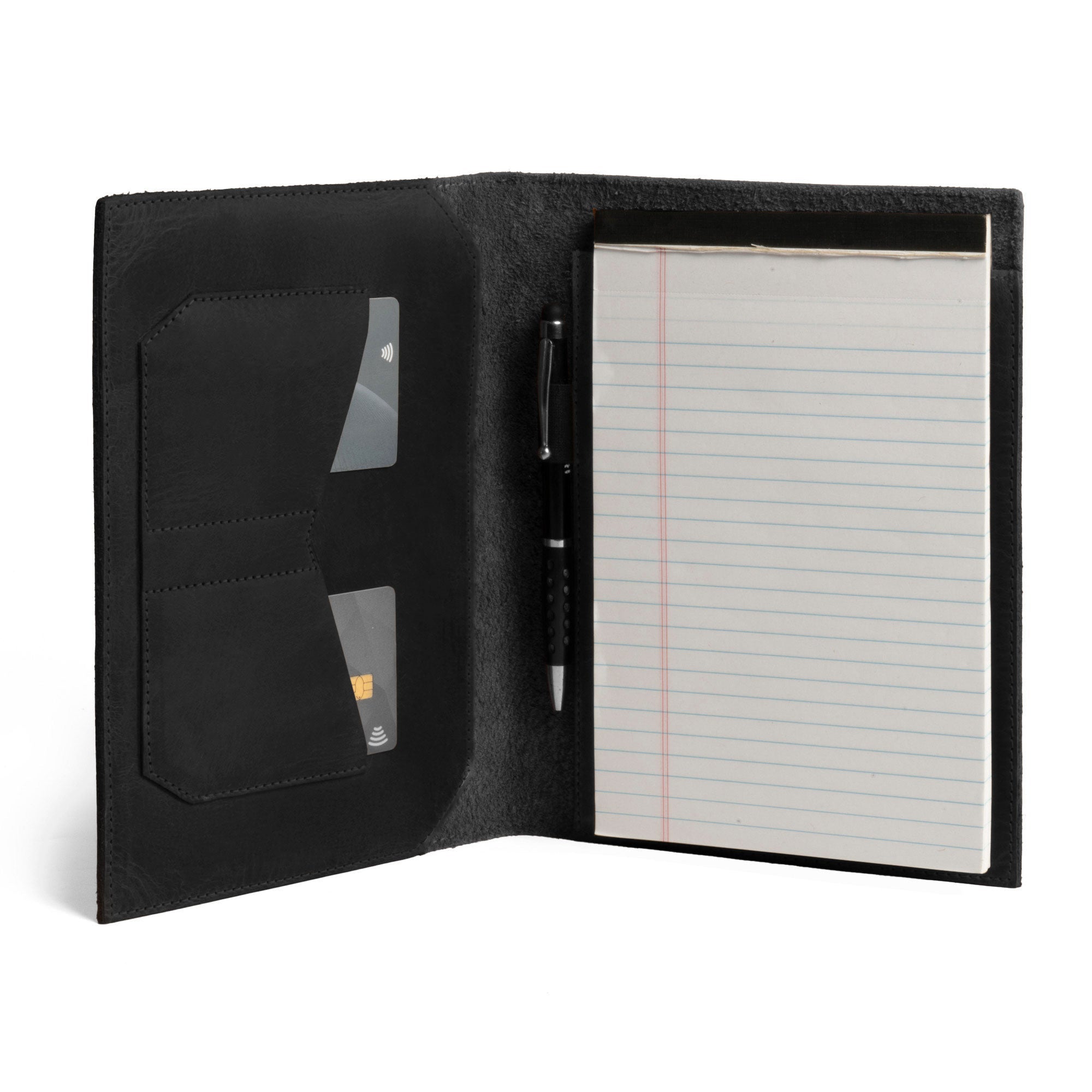 Black Leather Worx Notepad Case 5 x 8 In. opened to reveal inner compartments for notes and cards, made from high-quality leather. Notepad Cover (5 x 8 In. Notepad Not Included) Sturdy, Durable Material Perfect for Storing Journal, Full Grain Leather, StockyardX, Small Batch Production, Hand Cut, Hand Sewn, Fire Branded, Artisan, Handmade in La Antigua Guatemala & Oaxaca Mexico.