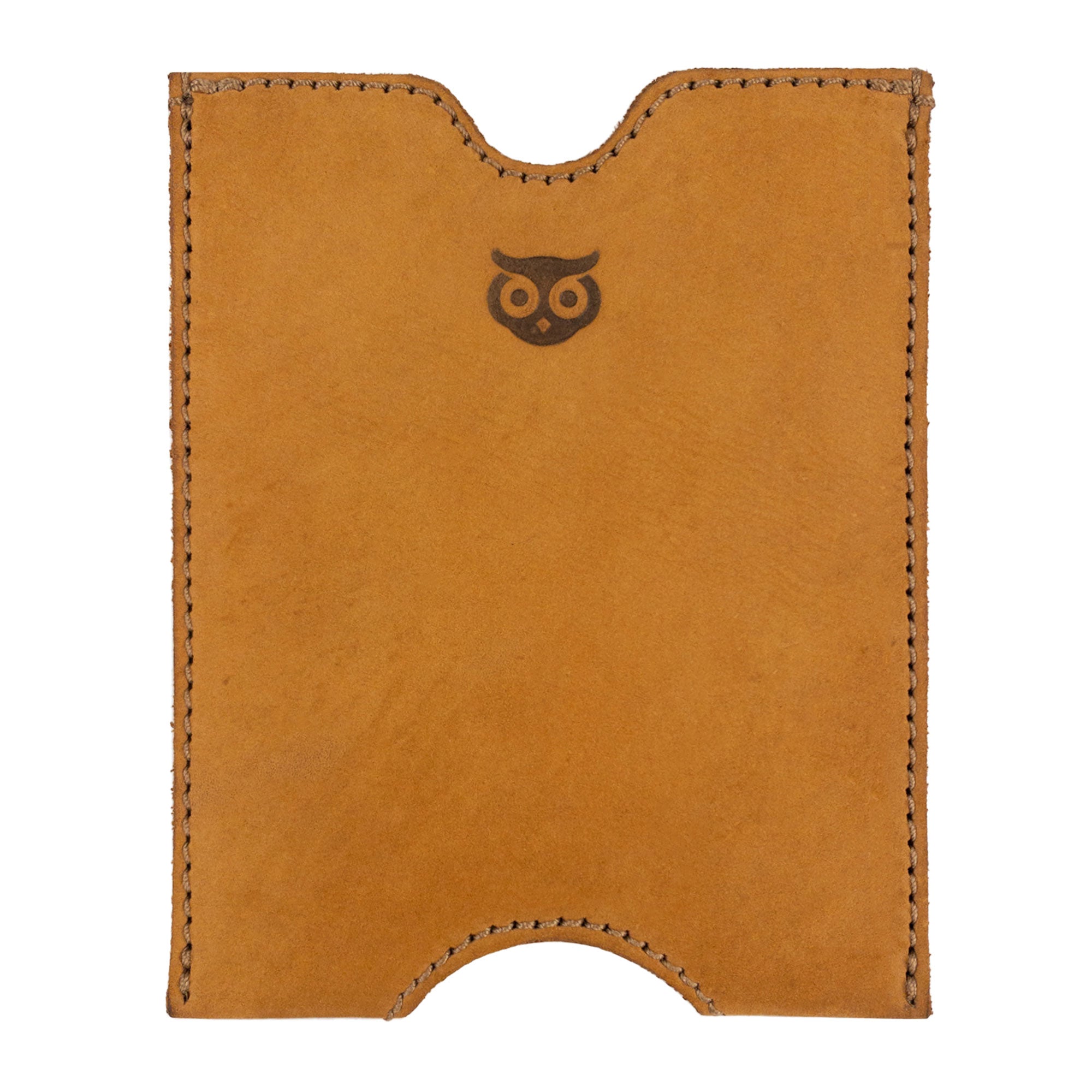 Front view of the Hide & Drink Passport Sleeve, showcasing the owl logo emblem on Full Grain Leather, designed as a Travel Passport Pocket Sleeve. This artisan product emphasizes handmade quality in La Antigua Guatemala & Oaxaca Mexico, reflecting small batch production and expert hand cut and hand sewn techniques.