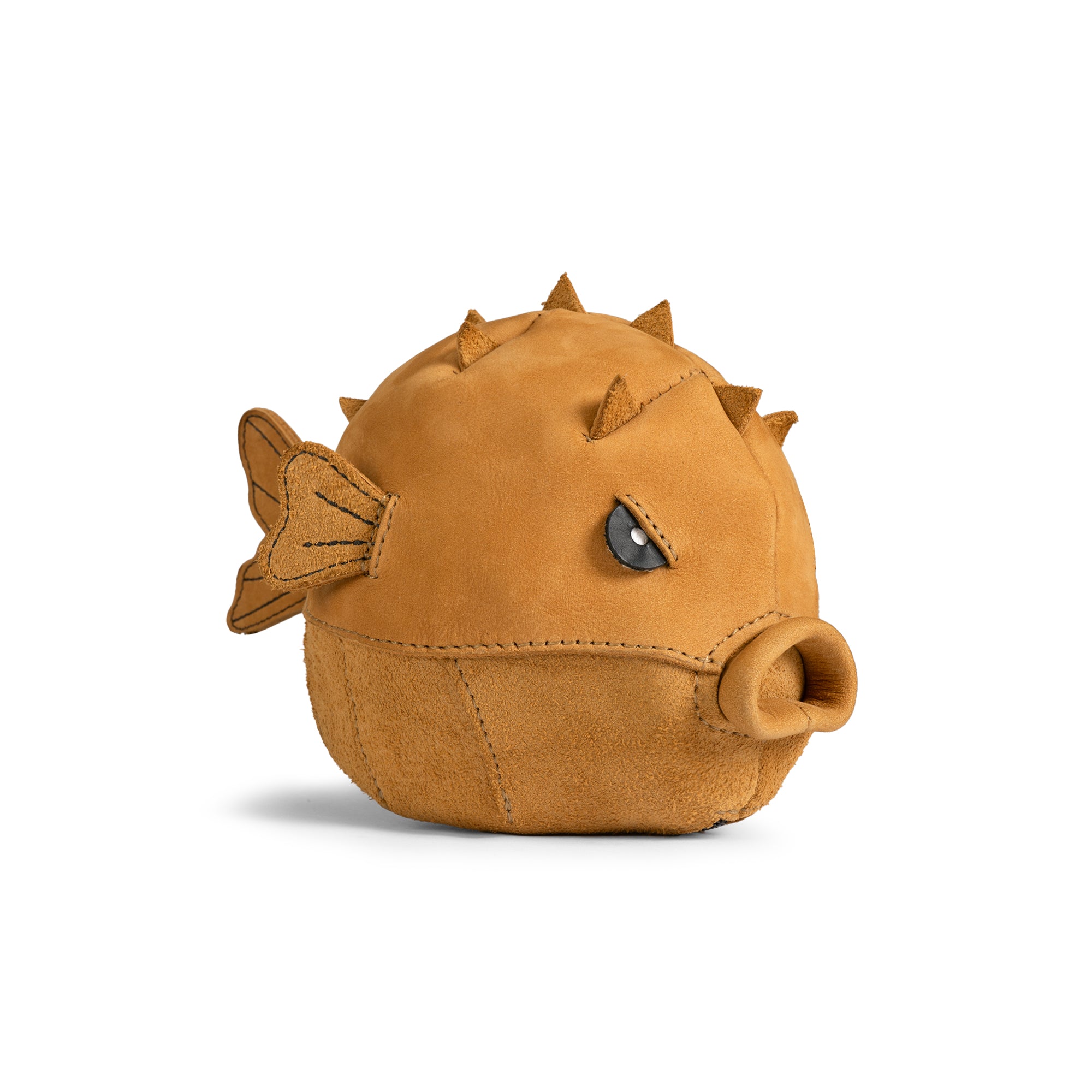 Leather Pufferfish Pouch from Tudi Frudi, a unique small accessory case designed for organizing cables or as a zippered cash holder wallet for coins. Made from full grain leather, this artisan piece is hand cut and hand sewn, showcasing small batch production from La Antigua Guatemala and Oaxaca Mexico.