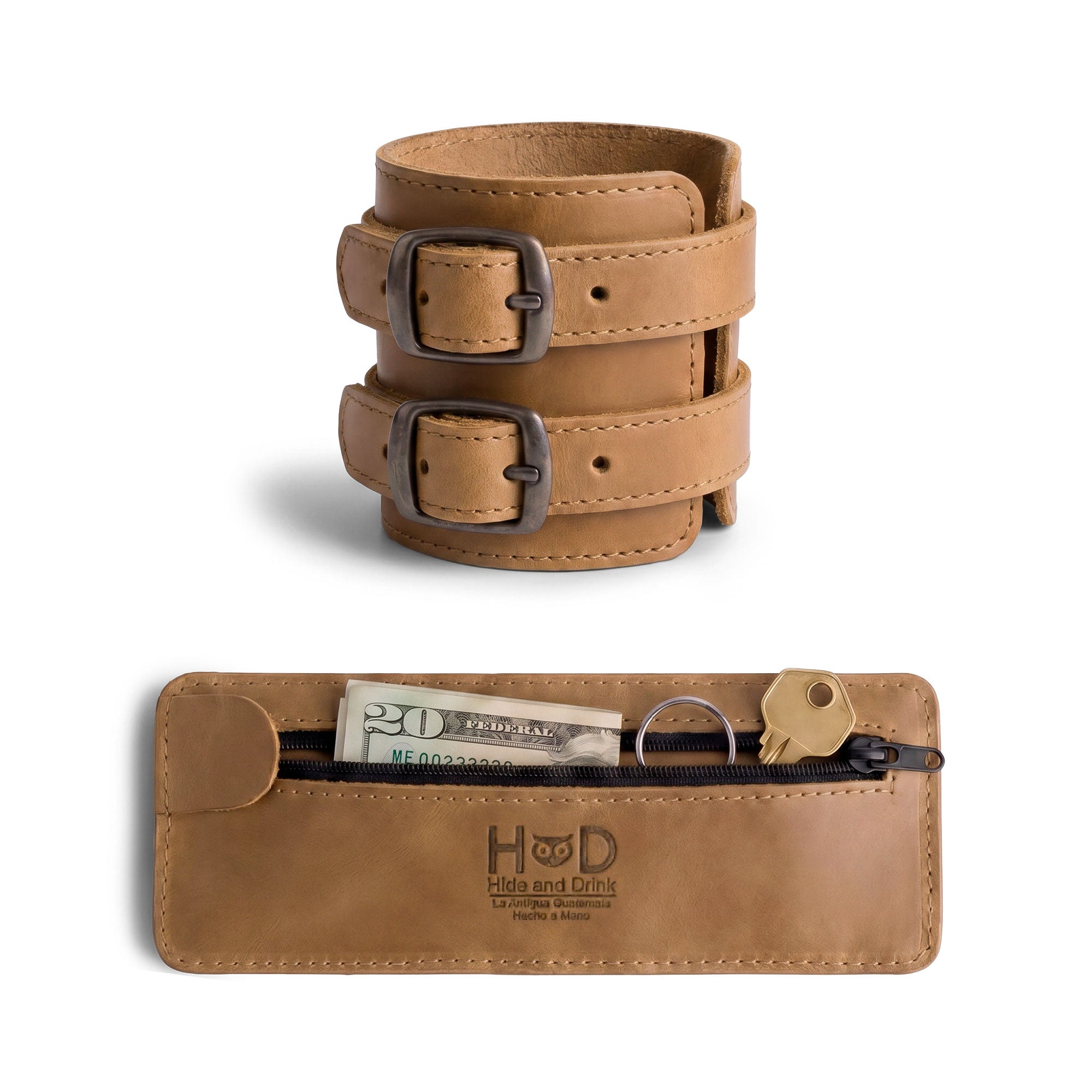 Close-up of the Wrist-Wallet-Cuff by Hide & Drink, emphasizing its durable Full Grain Leather construction, perfect for everyday use, brought to you by StockyardX, with small batch production and handmade techniques that reflect the artisan quality from La Antigua Guatemala & Oaxaca Mexico.