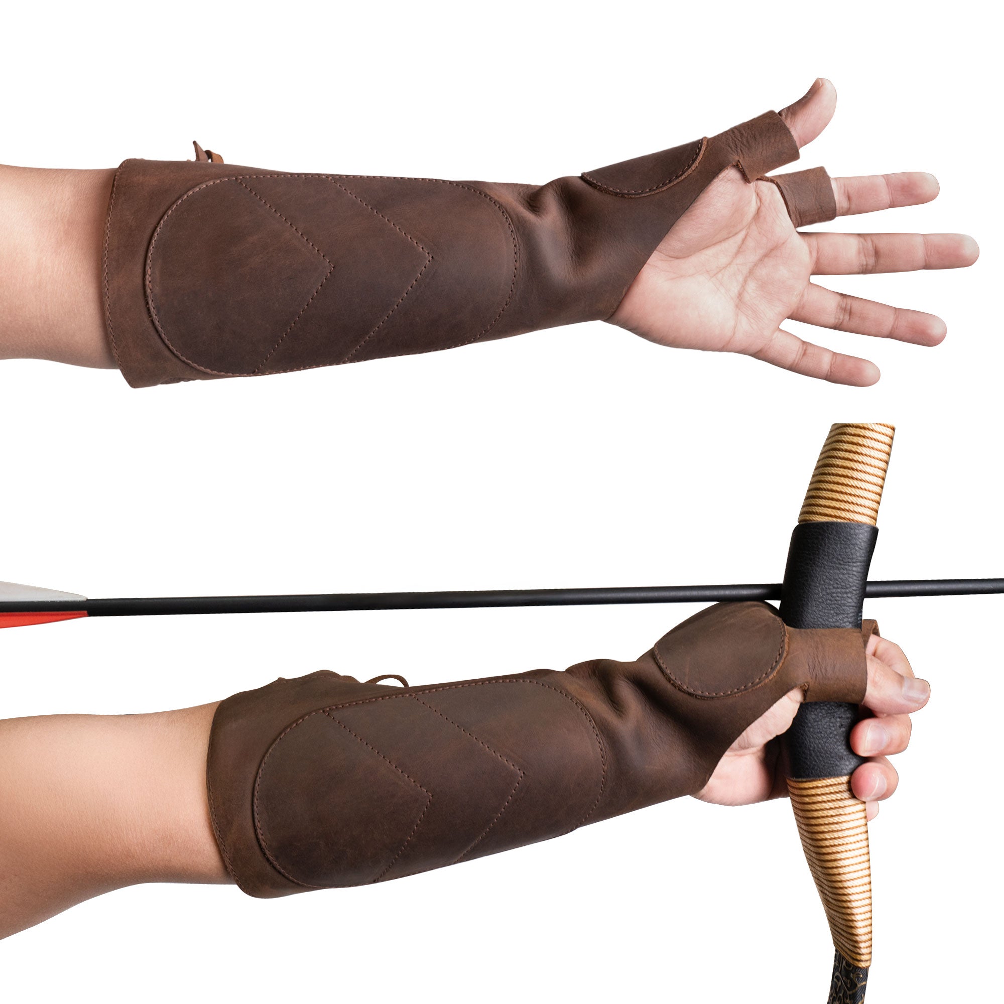 A hand wearing a Forearm Guard for Archers from Valhalla Gear, showcasing its full grain leather material and protective design. Ideal for men, women, and youth, this archery arm guard ensures durable forearm protection during use. Features include a wrist arm bracer for archers, durable bow archery sleeve arm guards, handcrafted with care in La Antigua Guatemala & Oaxaca Mexico.