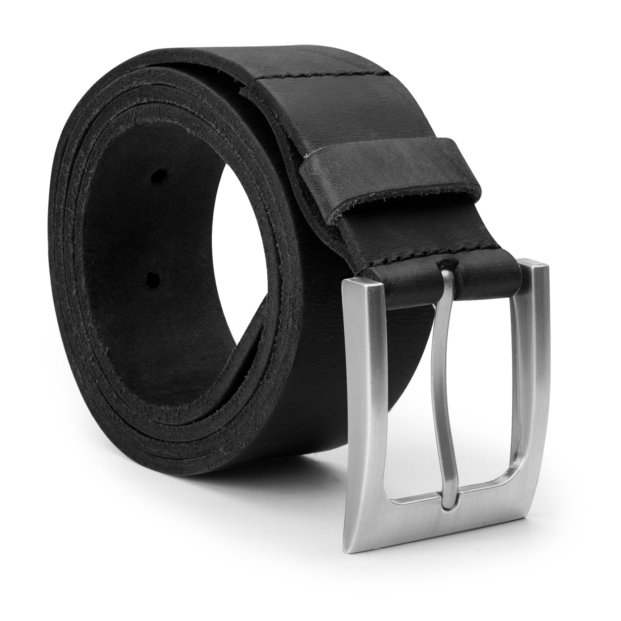 Rustic Leather Belt by Hide & Drink in classic black, crafted from thick full grain leather with a stylish silver buckle, highlighting artisan quality through small batch production, hand cut, and hand sewn in La Antigua Guatemala.