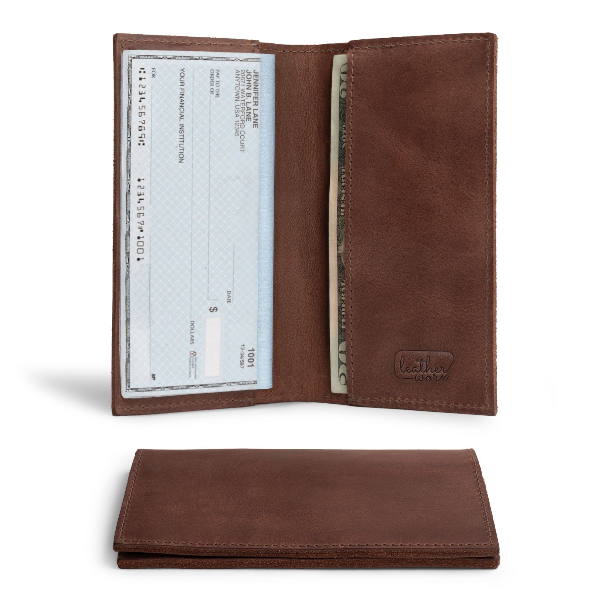 A stunning checkbook cover from Leather Worx, showcasing its minimalist design that organizes personal or business finances, featuring a bill holder crafted from full grain leather. This handmade piece is perfect for anyone seeking a reliable, artisan-made accessory. Ideal for everyday use or special occasions with its fire branded logo, it's proudly made in La Antigua Guatemala.
