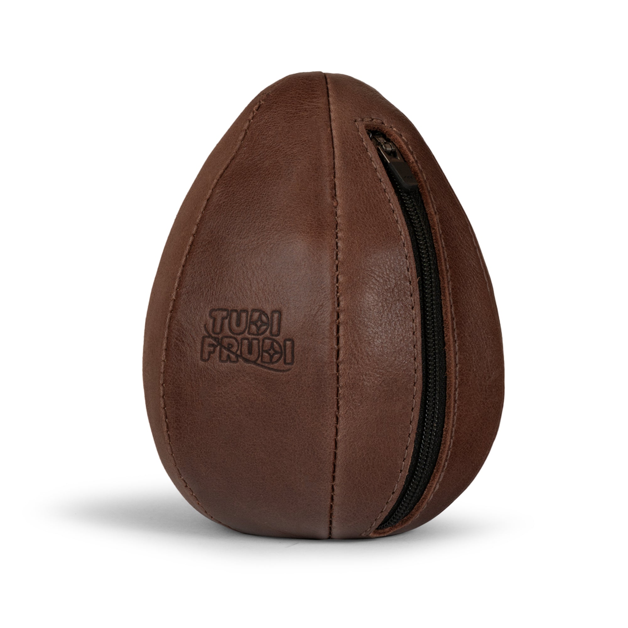 Tudi Frudi Dragon Egg Pouch in brown Full Grain Leather with a black zipper, showcasing the StockyardX Small Batch Production design, Hand Cut and Hand Sewn construction, Fire Branded logo, and Artisan quality Handmade in La Antigua Guatemala & Oaxaca Mexico.