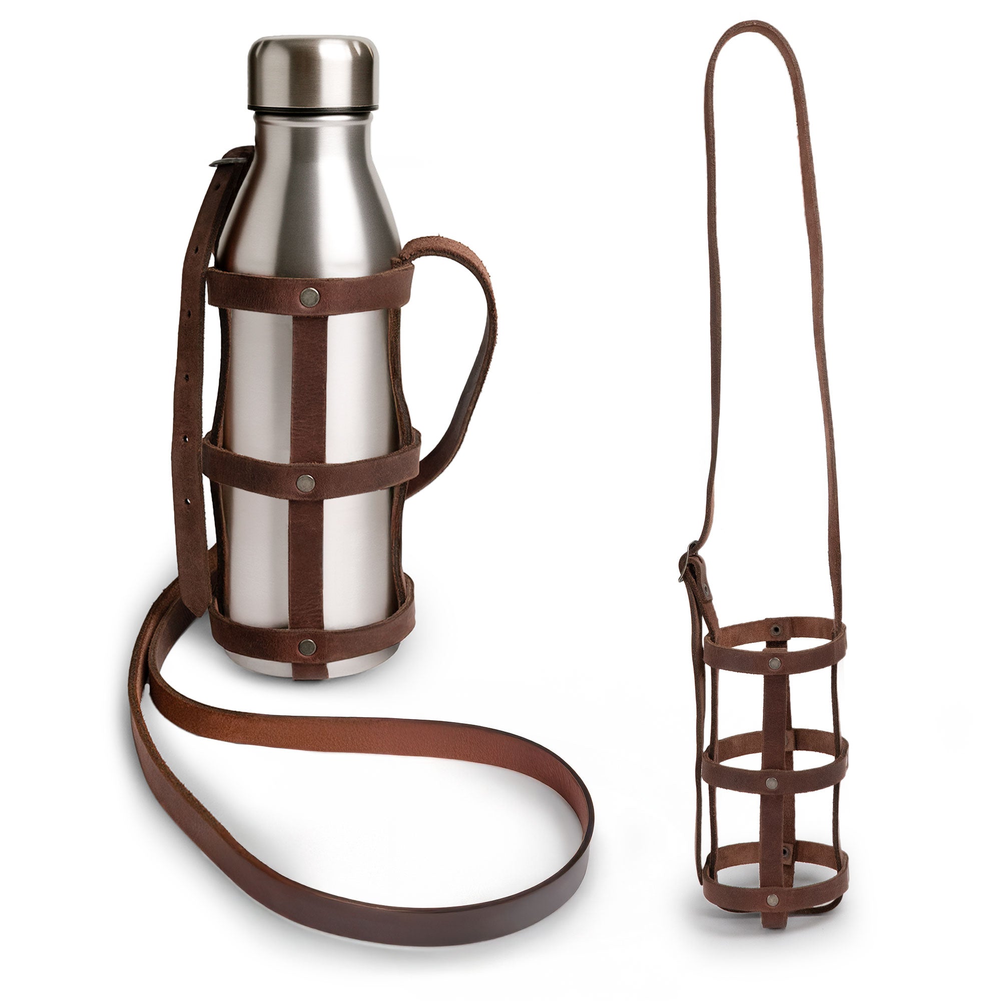 Hide & Drink Water Bottle Holder showcasing a Rustic Leather Water Bottle Holder With Adjustable Strap. This stylish holster fits 2.5 in. diameter bottles and is perfect for carrying beverages. Made from Full Grain Leather, this handmade carrier exemplifies small batch production with precision craftsmanship. Artisan-made in La Antigua Guatemala & Oaxaca Mexico.