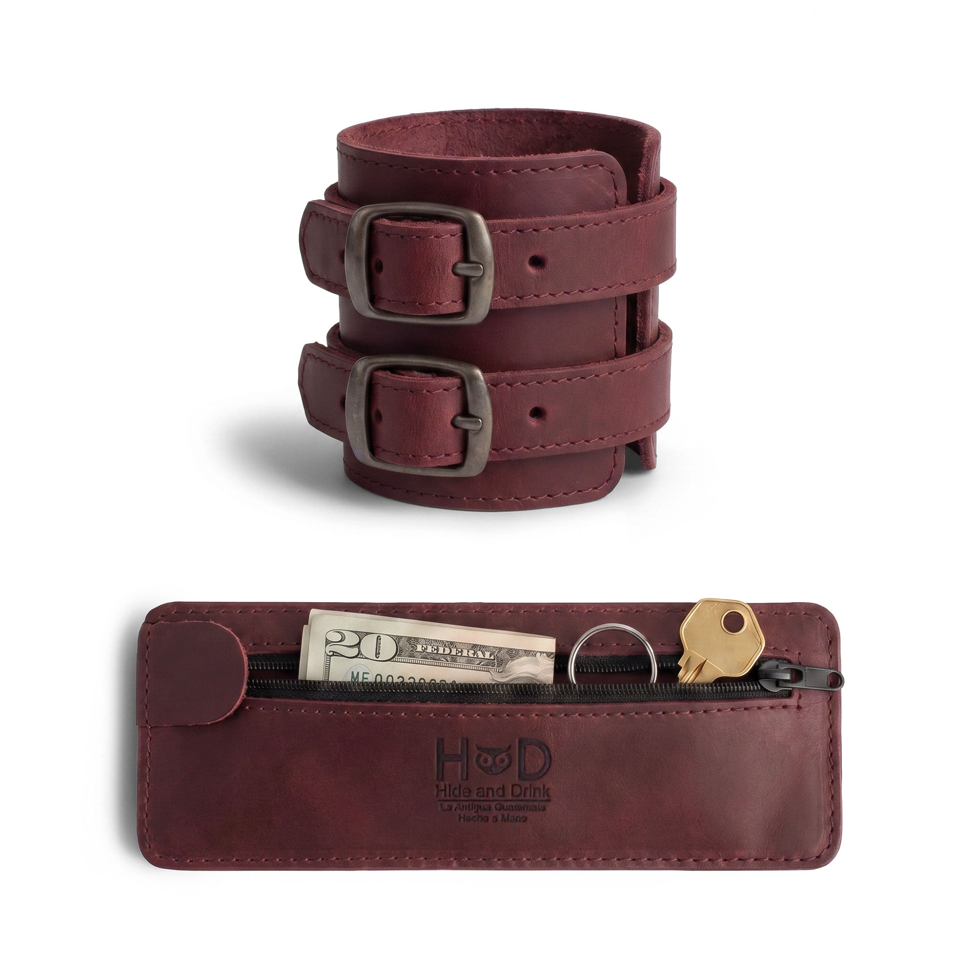 Display of Hide & Drink's Wrist-Wallet-Cuff made from premium Full Grain Leather, featuring a unique rustic leather bracelet design. The hidden pouch for bills and inner zippered pouch provide practicality along with style. Each piece is lovingly handmade in La Antigua Guatemala & Oaxaca Mexico, emphasizing small batch production.