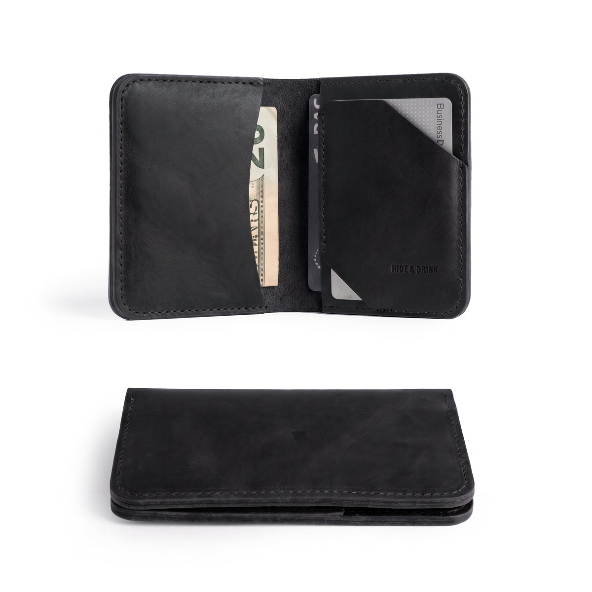 Inside of the Bi-Fold Card Wallet Diagonal by Hide & Drink in black, emphasizing minimalist features and durable design, showcasing its ability to store up to 5 cards plus folded bills, perfect for cash organization.