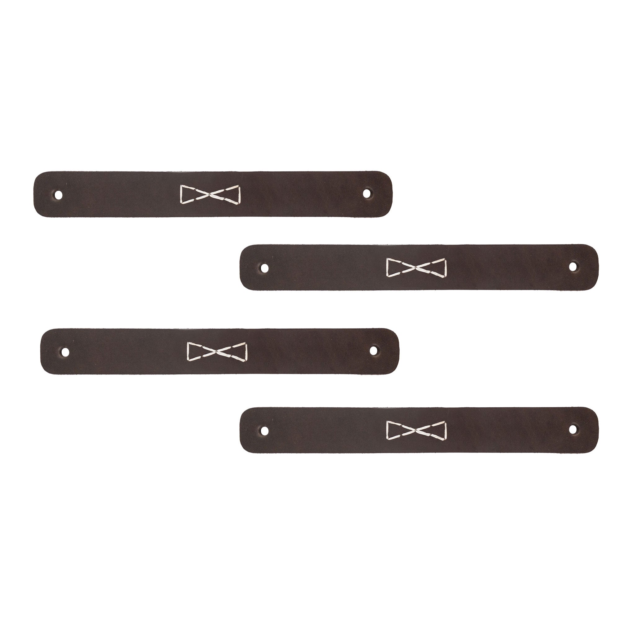 A stylish set of Rectangular Drawer Handles with Bowtie Stitching Design featuring a rich full grain leather made by Hide & Drink. This 4 Pack of Drawer Handles is hand cut, hand sewn, and showcases artisan craftsmanship from La Antigua Guatemala & Oaxaca Mexico.