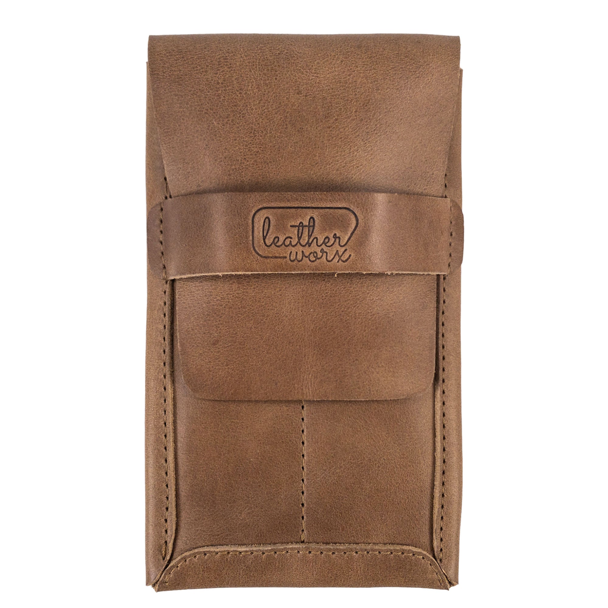 Stylish brown version of the Leather Worx Double Pen Case, crafted from Full Grain Leather. This artisan item embodies small batch production values with hand cut and hand sewn details, fire branded, and made in La Antigua Guatemala.
