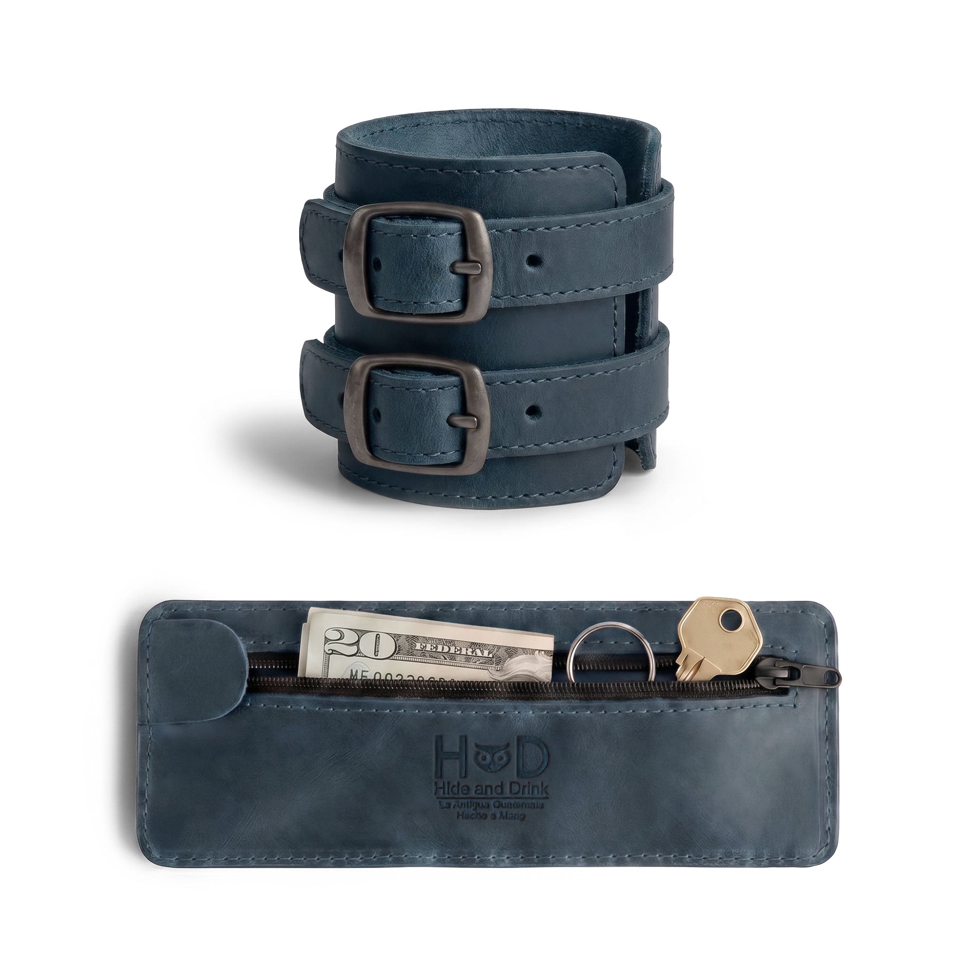 Display of Hide & Drink's Wrist-Wallet-Cuff showcasing the craftsmanship of Full Grain Leather. This stylish rustic leather bracelet includes a hidden pouch for bills and an inner zippered pouch, ideal for those seeking functionality. Handmade in La Antigua Guatemala & Oaxaca Mexico, highlighting the dedication to artisan quality.