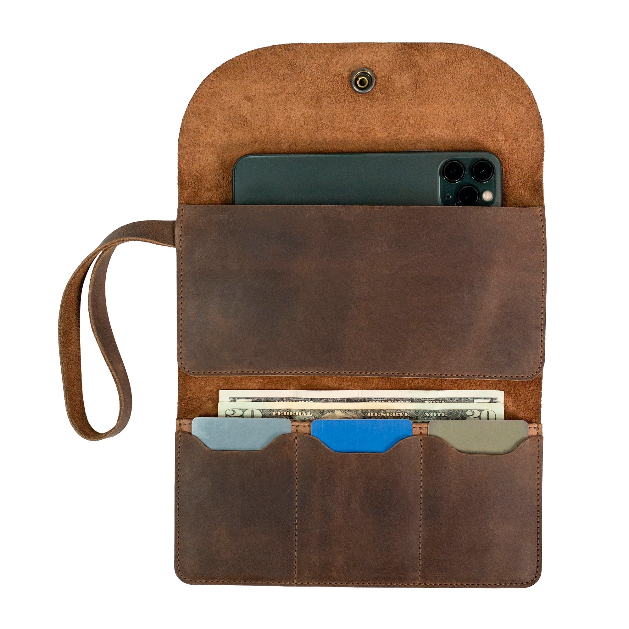 Inside view of Heather's Wallet with Wristlet, showcasing its spacious compartment for money and three card slots. This stylish purse is made from durable Full Grain Leather, ideal for women looking for a practical travel accessory and money organizer. StockyardX, Small Batch Production, Hand Cut, Hand Sewn, Fire Branded, Artisan, Handmade in La Antigua Guatemala & Oaxaca Mexico.