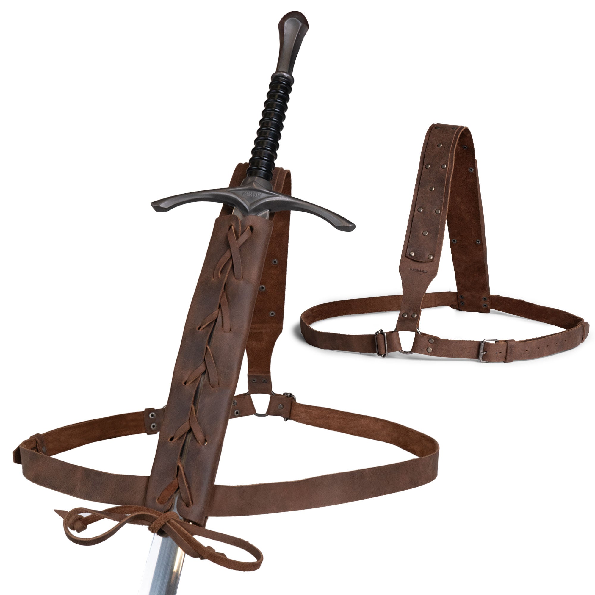 The Medieval Back Sword Shoulder Frog by Valhalla Gear, showcasing its full grain leather design, ideal for Renaissance sheath holster, perfect for knight cosplay and warrior costumer. This handmade accessory is crafted in La Antigua Guatemala, featuring small batch production and artisan techniques.