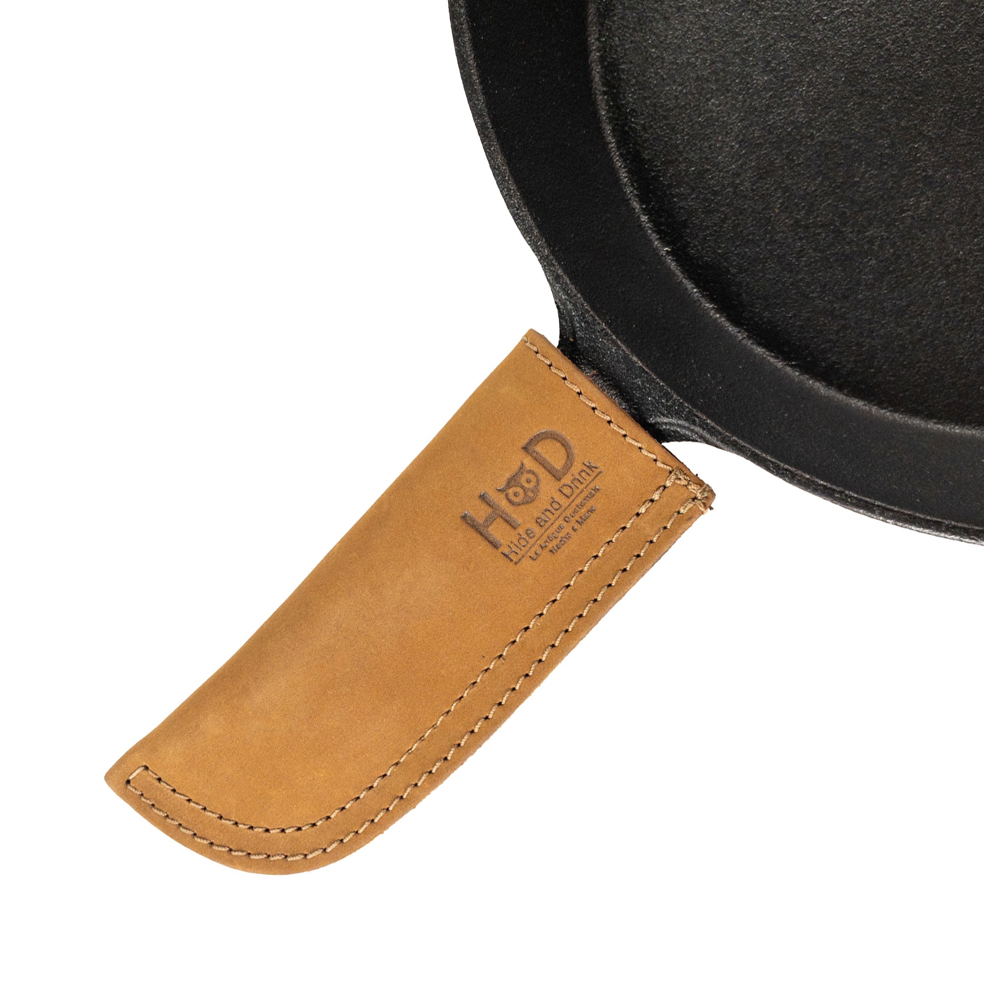 Hot Pan Handle Cover by Hide & Drink, exhibiting top-quality craftsmanship in heat resistant full grain leather, perfect for frying pan and skillet use, handmade in La Antigua Guatemala & Oaxaca Mexico.