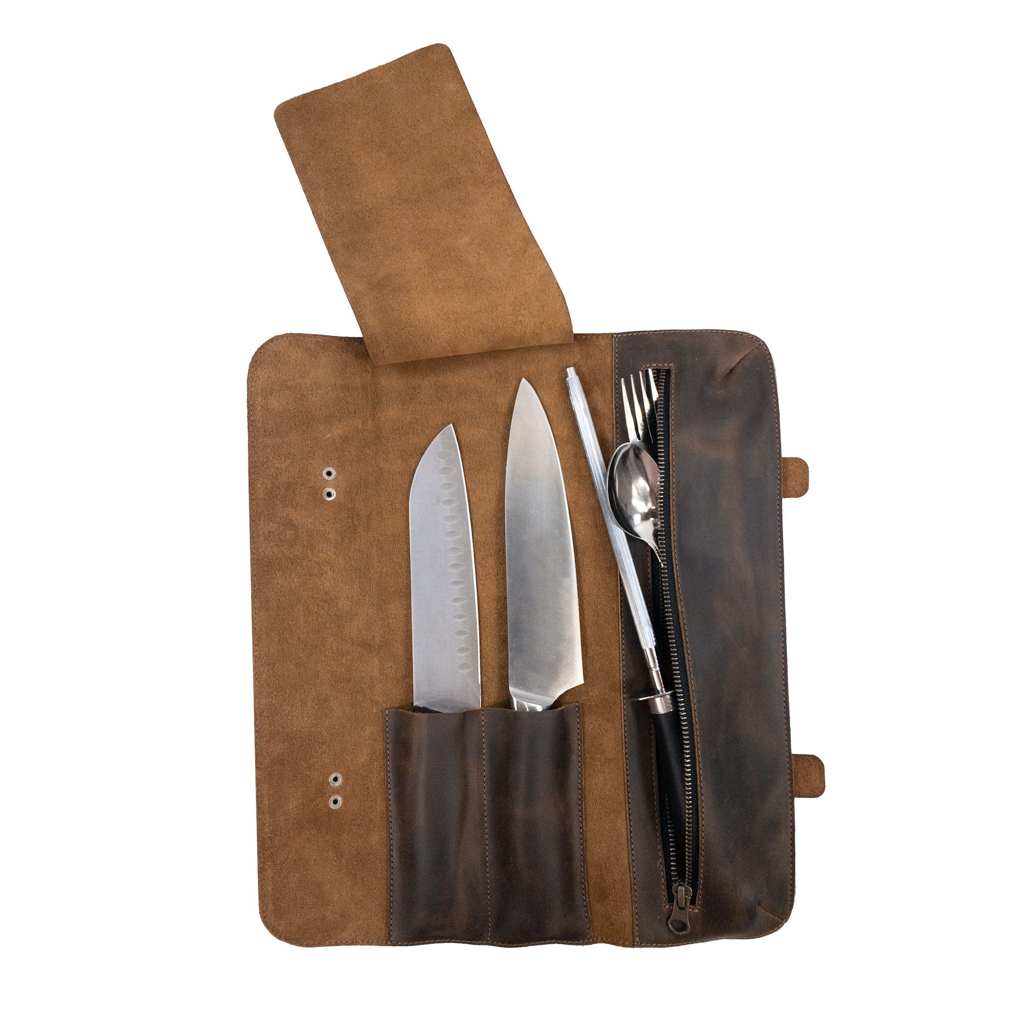 Utility Knife Roll by Cast Leather Co. displayed with two knives and a spoon in a rectangular roll for cutting essentials. This knife case, made of full grain leather, offers additional storage for sharpener and cooking accessories, showcasing the artisan craftsmanship from La Antigua Guatemala & Oaxaca Mexico.