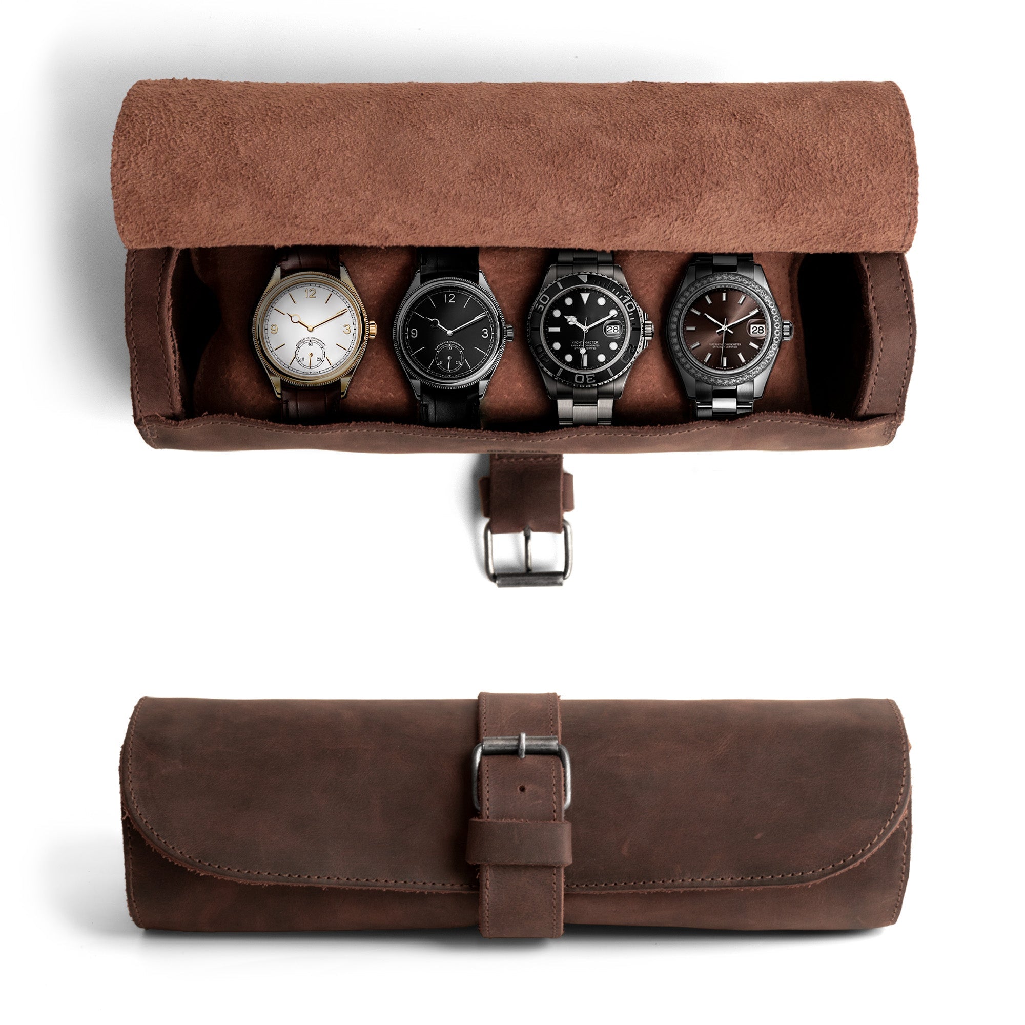 Showcasing the Cylinder Watch Case by Hide & Drink, designed to hold 4 watches with a luxurious Full Grain Leather finish. This stylish storage box and jewelry roll organizer is perfect for travel. Each piece is handcrafted through small batch production in La Antigua Guatemala & Oaxaca Mexico, emphasizing hand cut, hand sewn craftsmanship and artisan quality.
