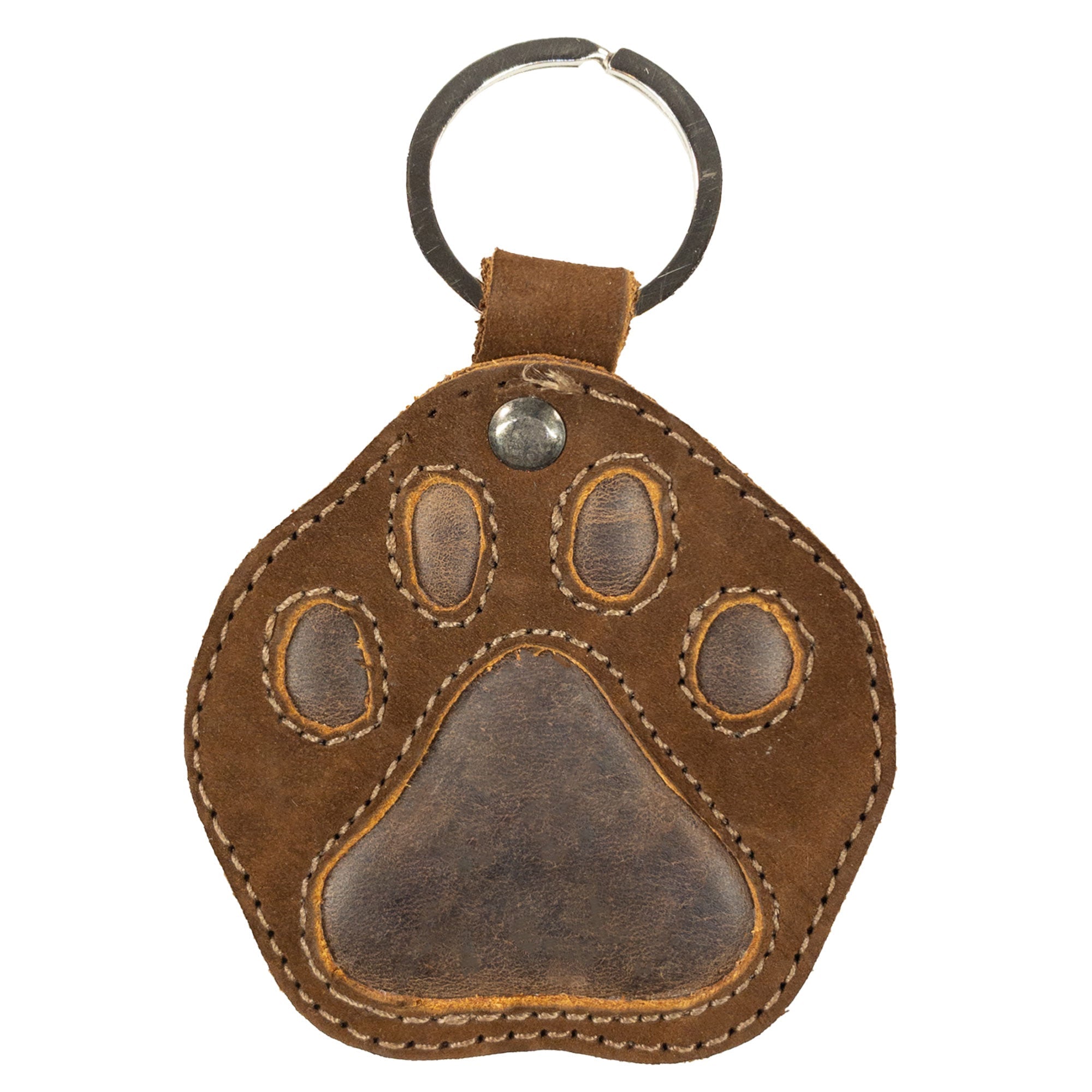 Adorable Dog Paw Keychain by Taco Dog, crafted from full grain leather, featuring a stitched design, ideal as a key ring fob. Cute stitched pet holder charm pendant gift with split keyring included. This artisan keychain is handmade in La Antigua Guatemala & Oaxaca Mexico, showcasing small batch production.
