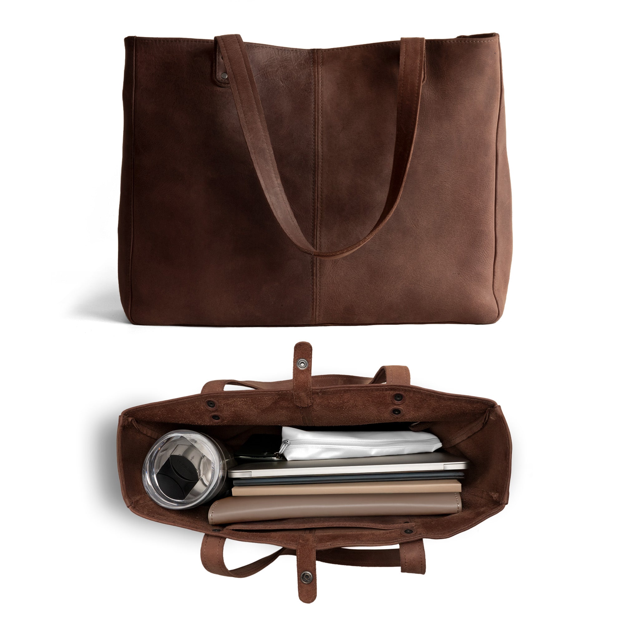 Stylish Formal Tote Bag by Hide & Drink, made from durable full grain leather, ideal as a large shoulder bag for work. This classy handbag offers ample space for laptops and essentials, making it perfect for both business and casual settings. A great choice for women looking for a brown ladies laptop tote that is hand cut, hand sewn, and features a pocket pouch with zipper.