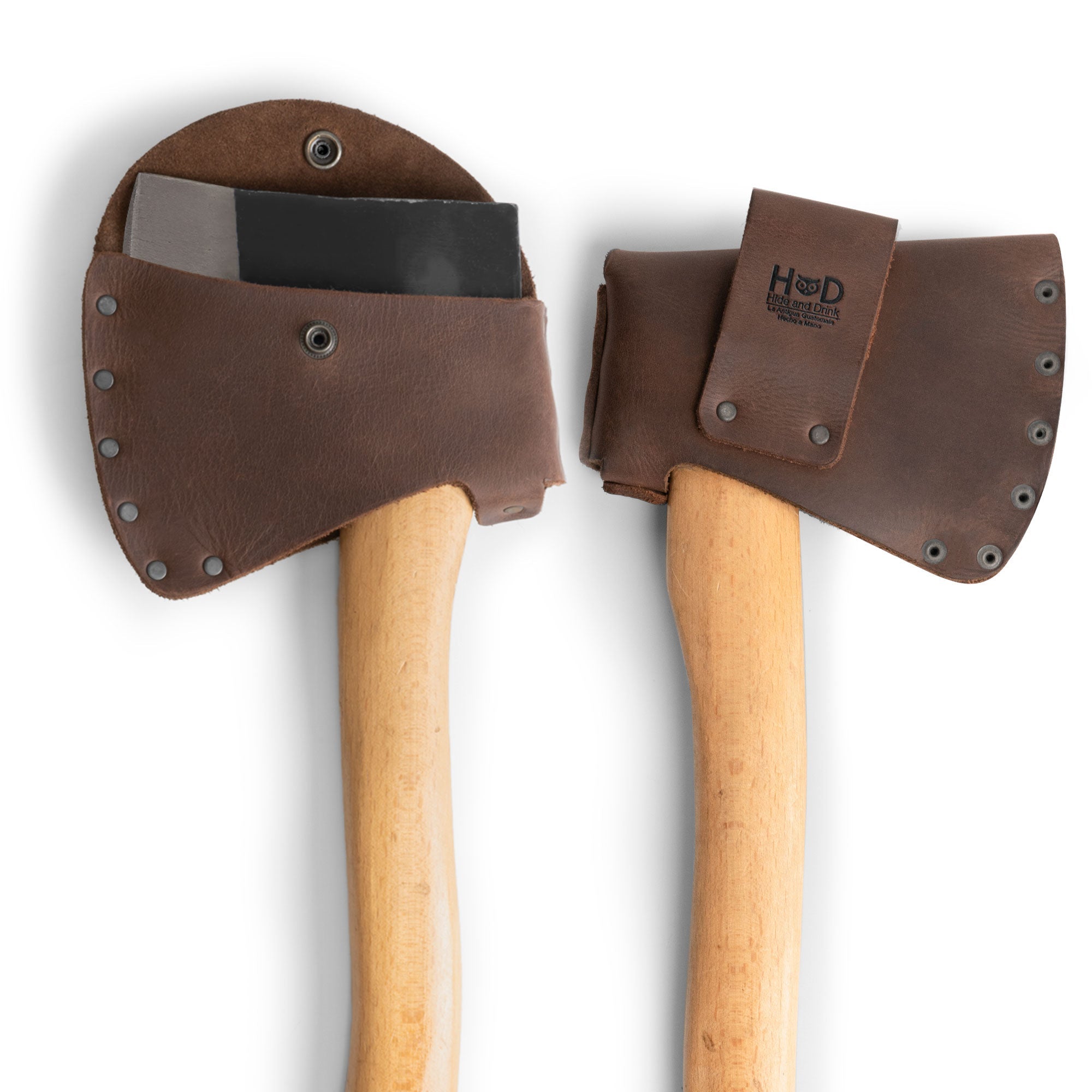 Hide & Drink Hatchet Head Sheath showcasing a full grain leather holster for 1.5 in. belts, perfect as an axe head case and blade cover for lumberjack outdoors work essentials. This artisan product is handmade in La Antigua Guatemala & Oaxaca Mexico with small batch production, hand cut, and hand sewn quality.