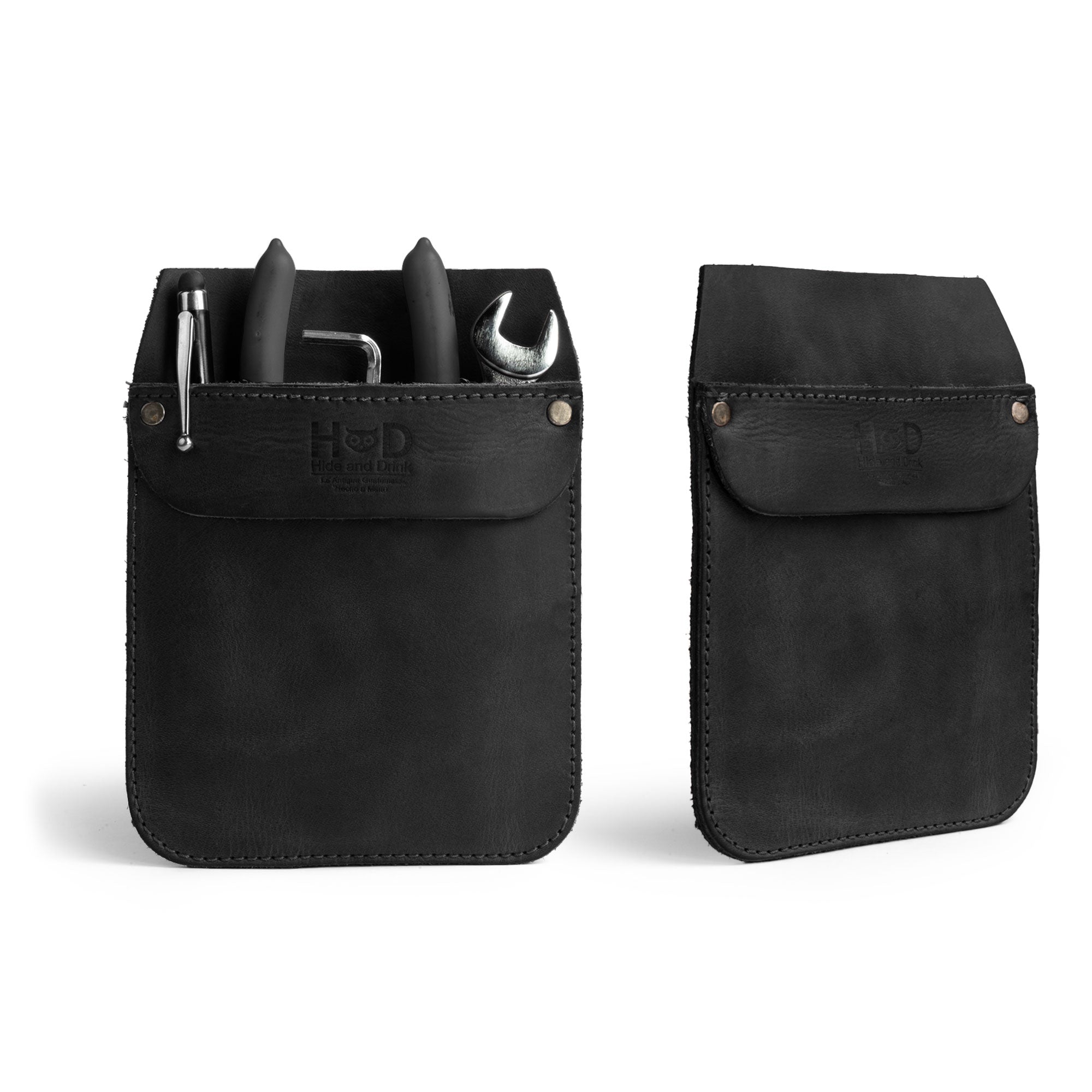 Hide & Drink Leather Work Pocket with tools inside, demonstrating its functionality as a Work Pocket Organizer for Tools. Made of premium Full Grain Leather, this item is handmade and showcases artisan techniques.