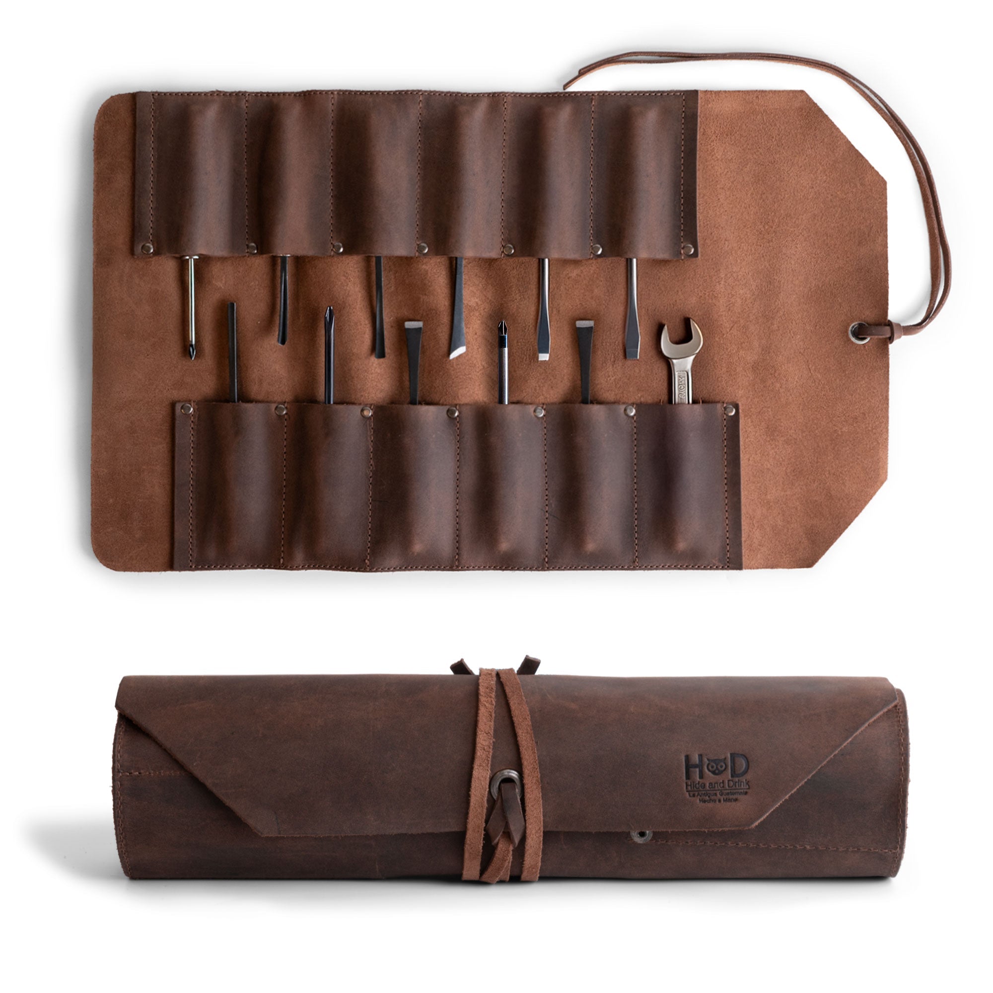 Hide & Drink Tool Roll (12 Pockets): Vintage-style full grain leather tool roll featuring 12 slots for secure storage, designed for portability. Tool Bag Roll Up, 12 Slot Heavy Duty Tool Roll Bag Organizer, Tool Roll Up Bag, Portable Tool Wrap Roll Bags for Travel, Durable Tool Kit Folding Tool Pouch Roll Up Mechanic Gifts for Men, Full Grain Leather, StockyardX, Small Batch Production, Hand Cut, Hand Sewn, Fire Branded, Artisan, Handmade in La Antigua Guatemala & Oaxaca Mexico.